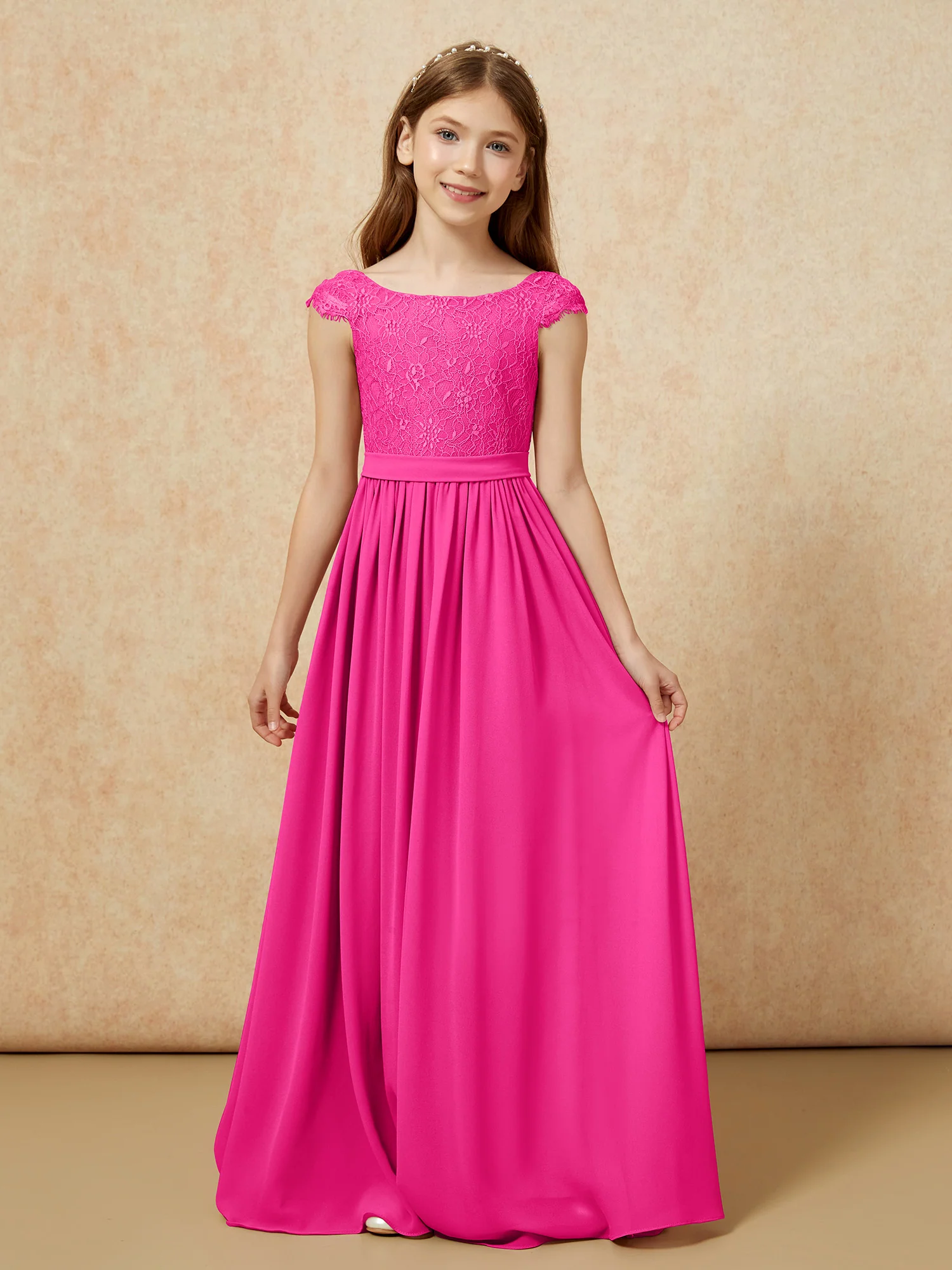 Cap Sleeve Lace Chiffon Junior Bridesmaid Dresses Fuchsia