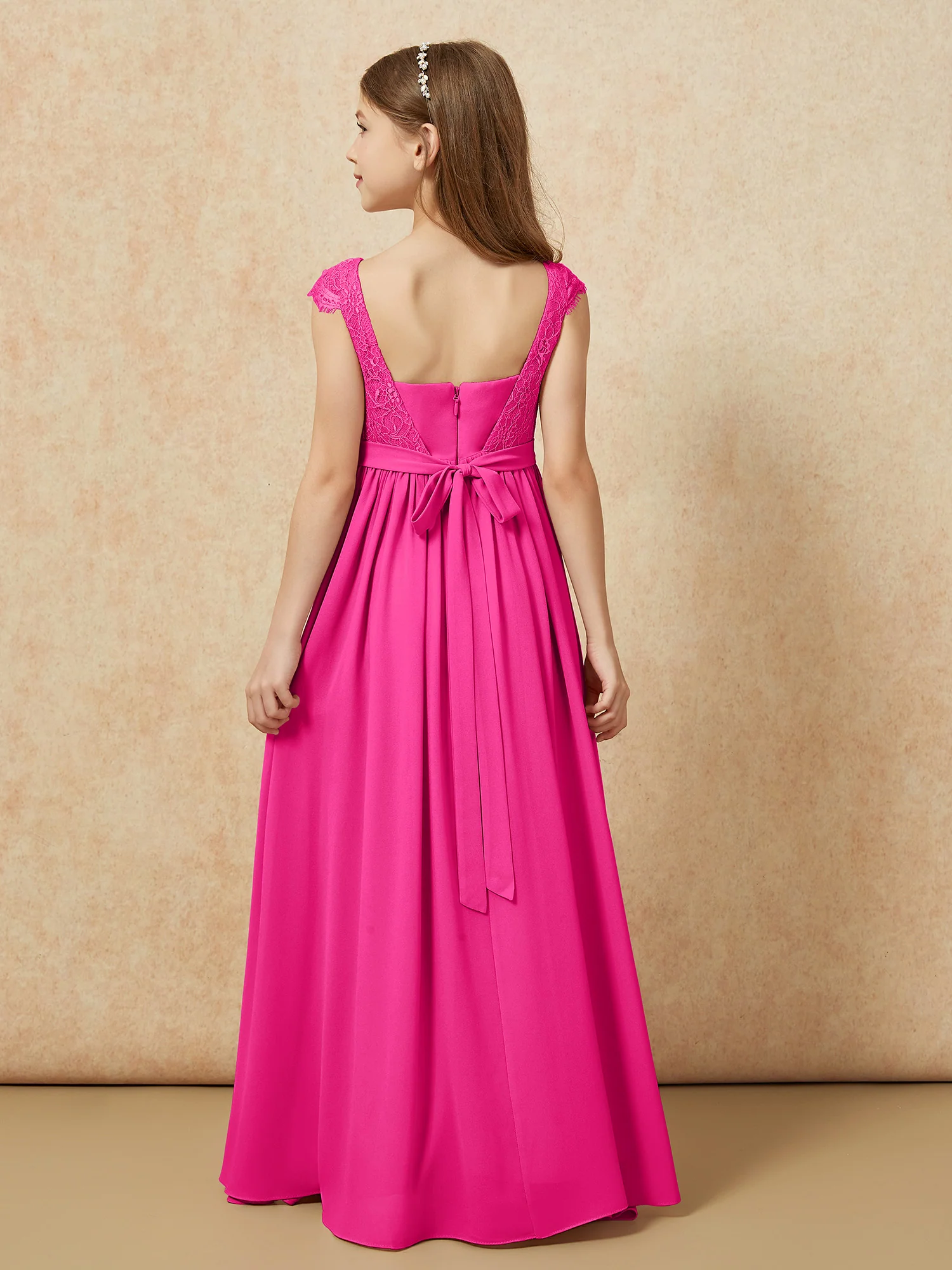 Cap Sleeve Lace Chiffon Junior Bridesmaid Dresses Fuchsia - Image 2