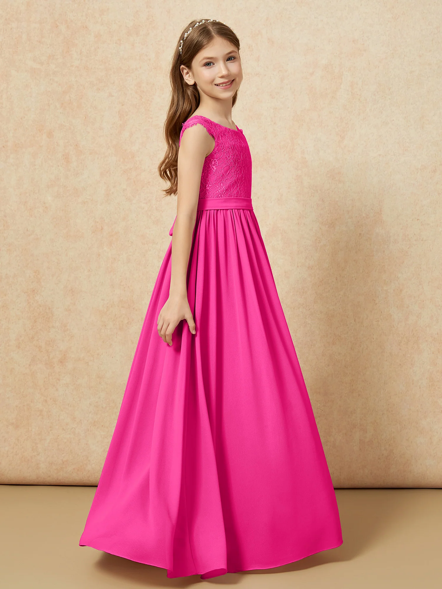 Cap Sleeve Lace Chiffon Junior Bridesmaid Dresses Fuchsia - Image 3