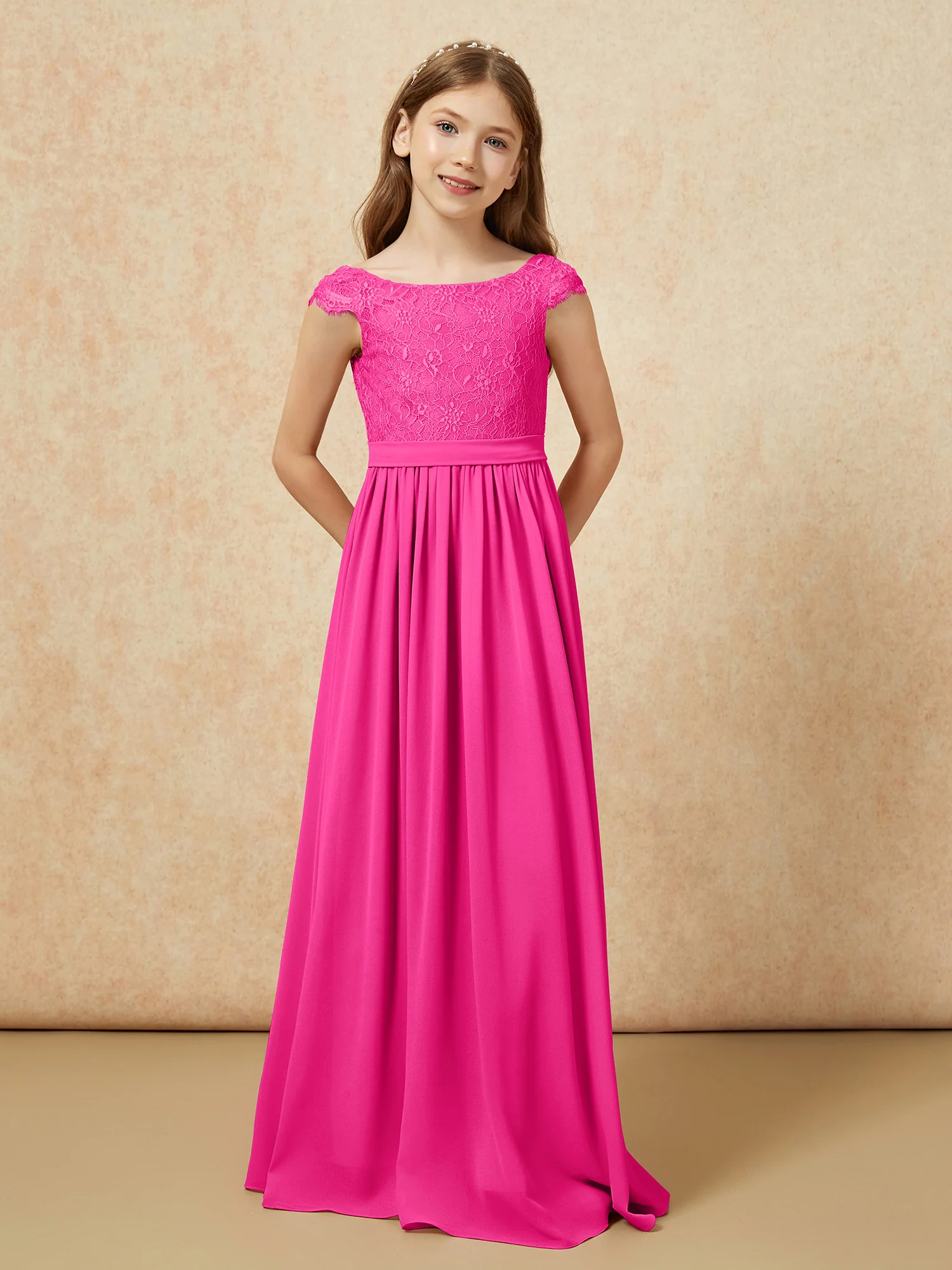 Cap Sleeve Lace Chiffon Junior Bridesmaid Dresses Fuchsia - Image 4
