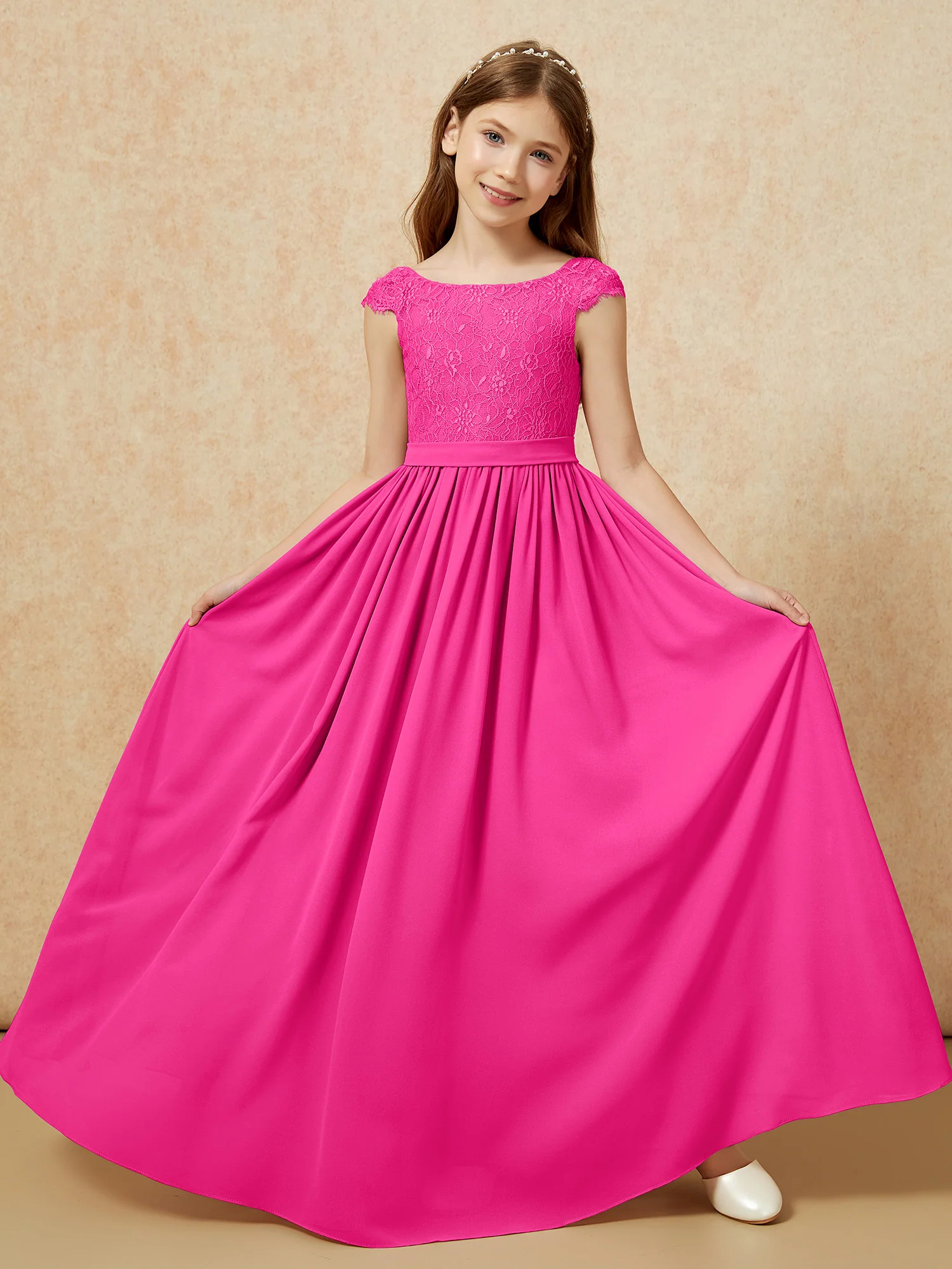 Cap Sleeve Lace Chiffon Junior Bridesmaid Dresses Fuchsia - Image 5