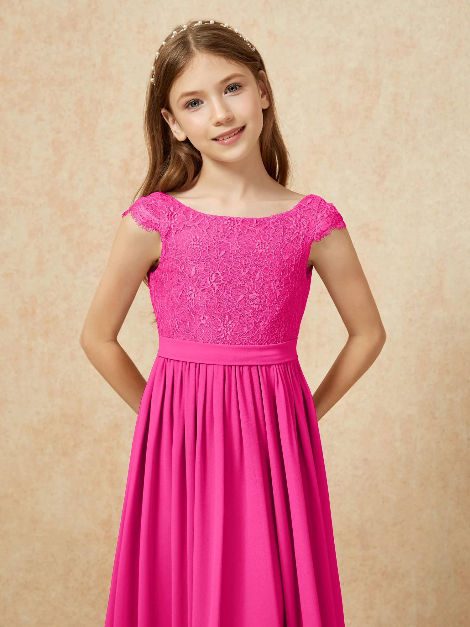 Cap Sleeve Lace Chiffon Junior Bridesmaid Dresses Fuchsia - Image 6