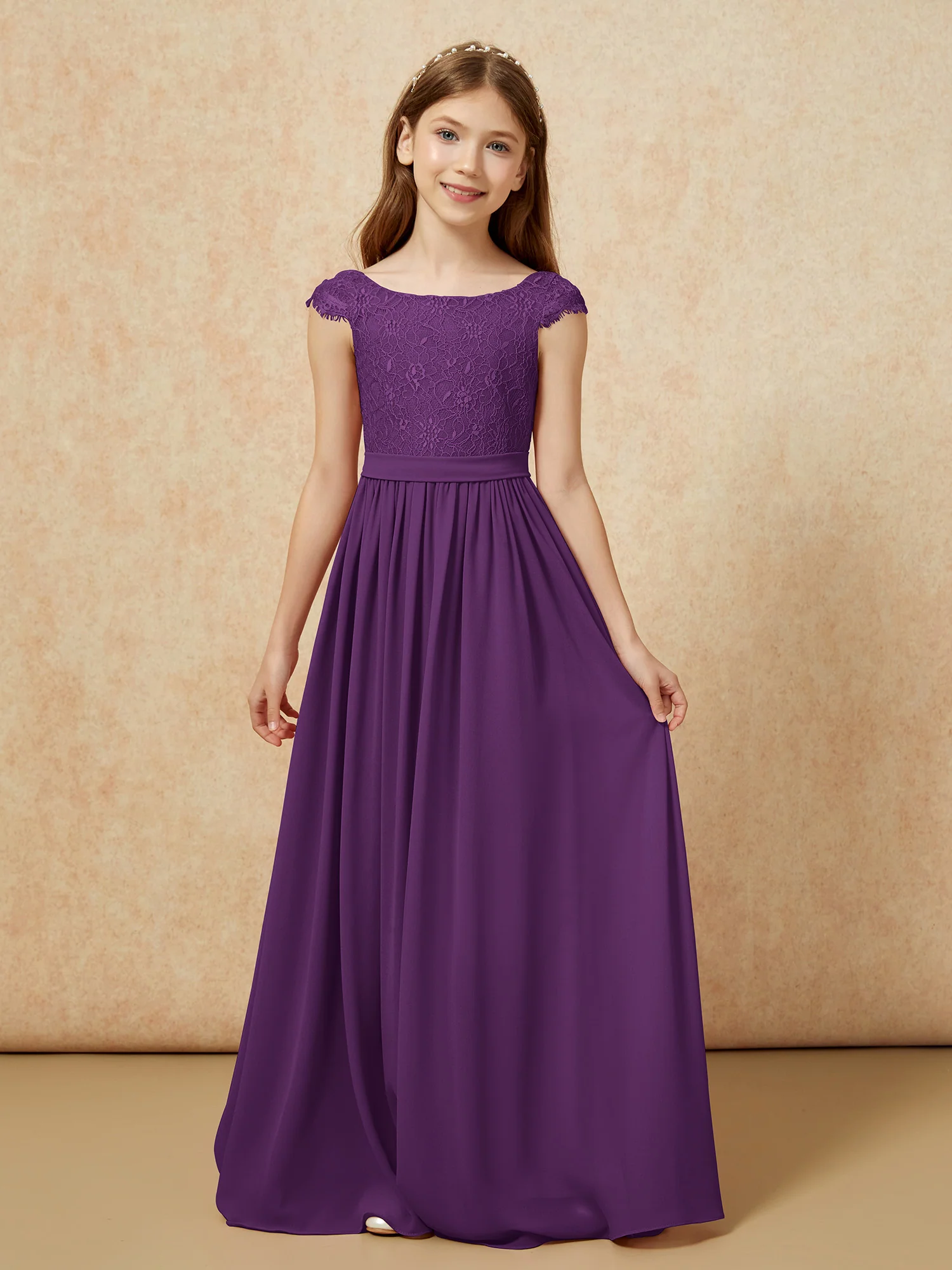 Cap Sleeve Lace Chiffon Junior Bridesmaid Dresses Grape