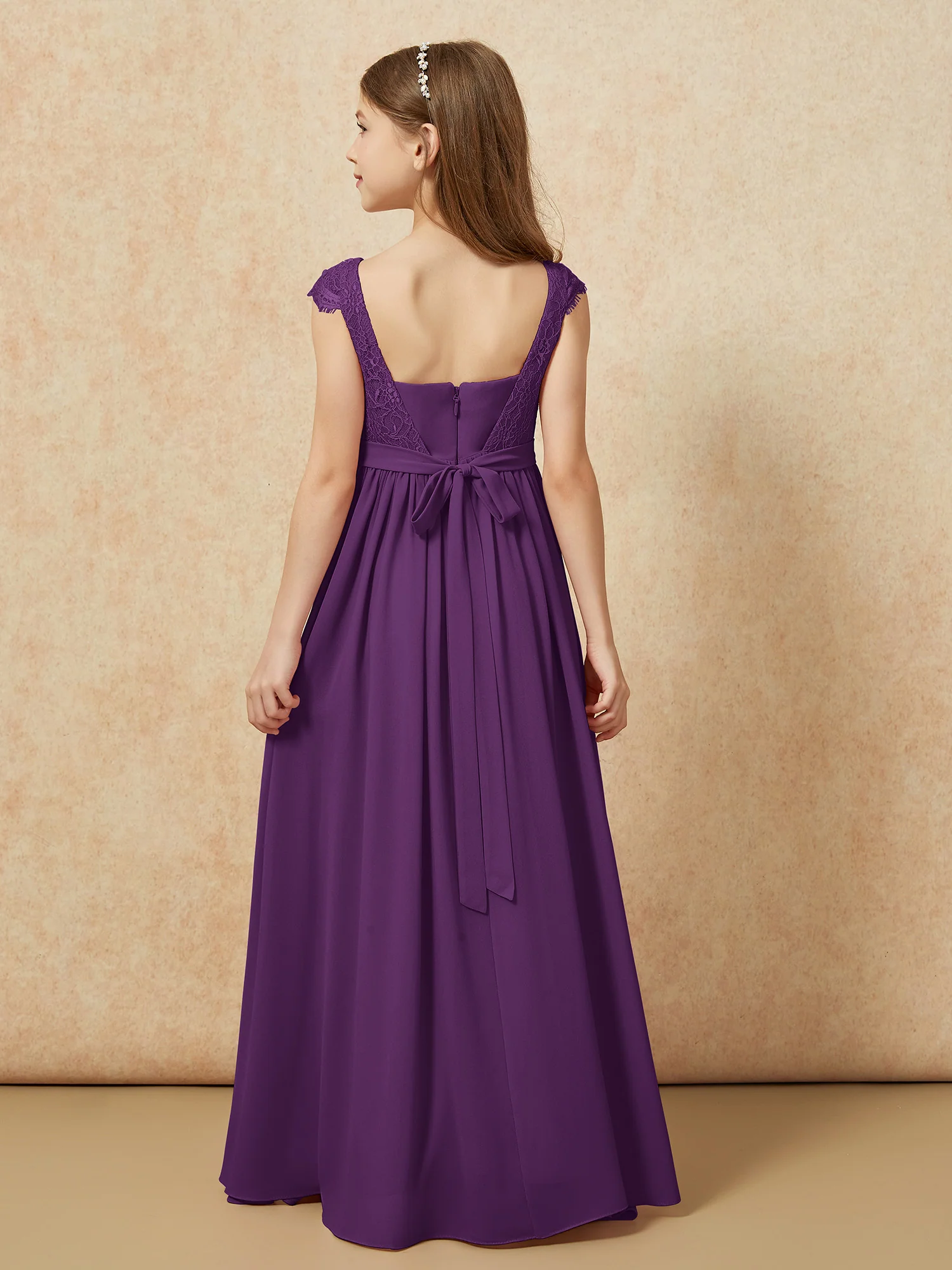 Cap Sleeve Lace Chiffon Junior Bridesmaid Dresses Grape - Image 2