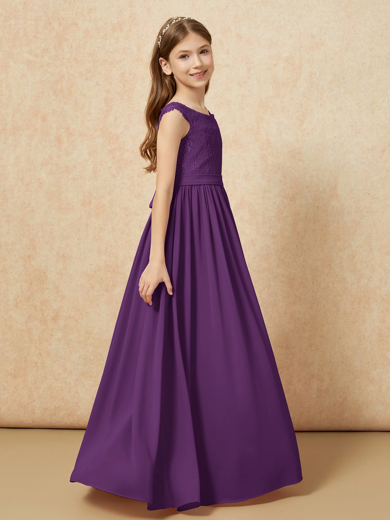 Cap Sleeve Lace Chiffon Junior Bridesmaid Dresses Grape - Image 3