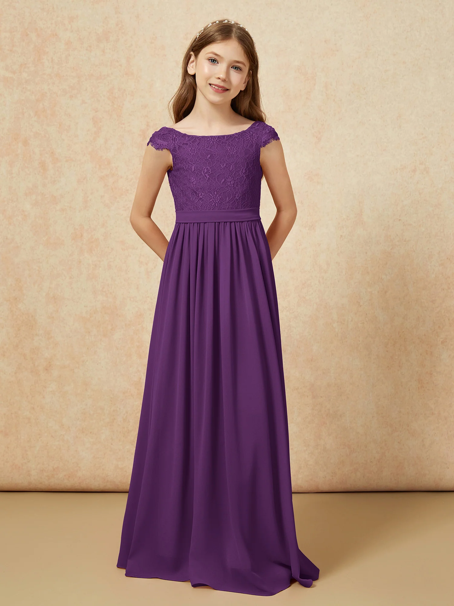 Cap Sleeve Lace Chiffon Junior Bridesmaid Dresses Grape - Image 4