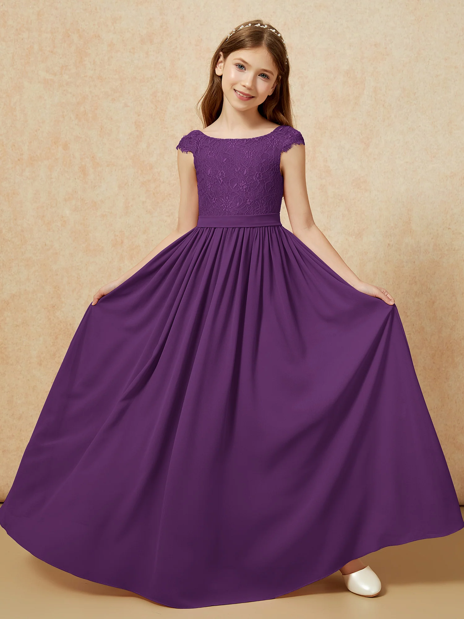 Cap Sleeve Lace Chiffon Junior Bridesmaid Dresses Grape - Image 5