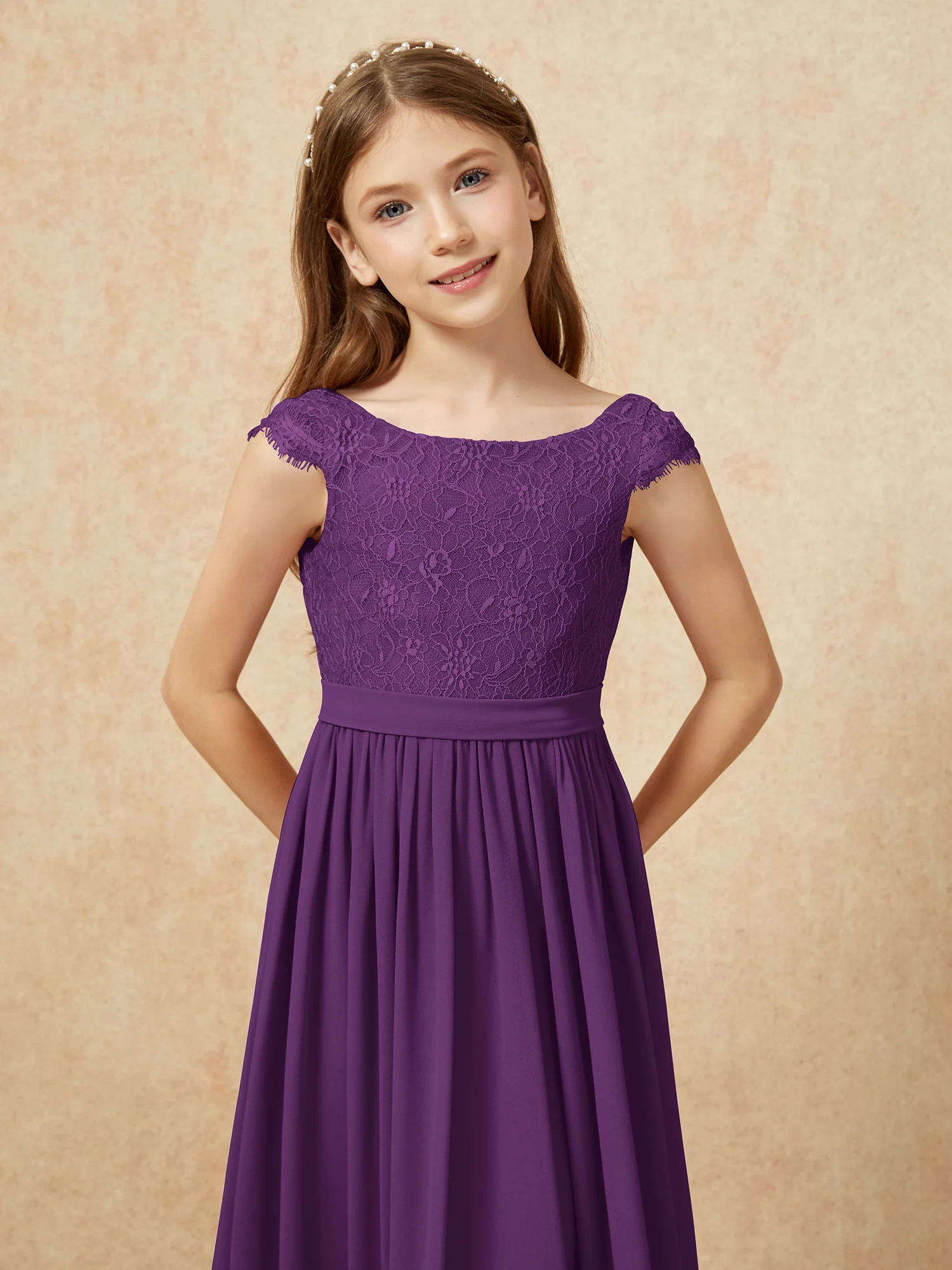 Cap Sleeve Lace Chiffon Junior Bridesmaid Dresses Grape - Image 6