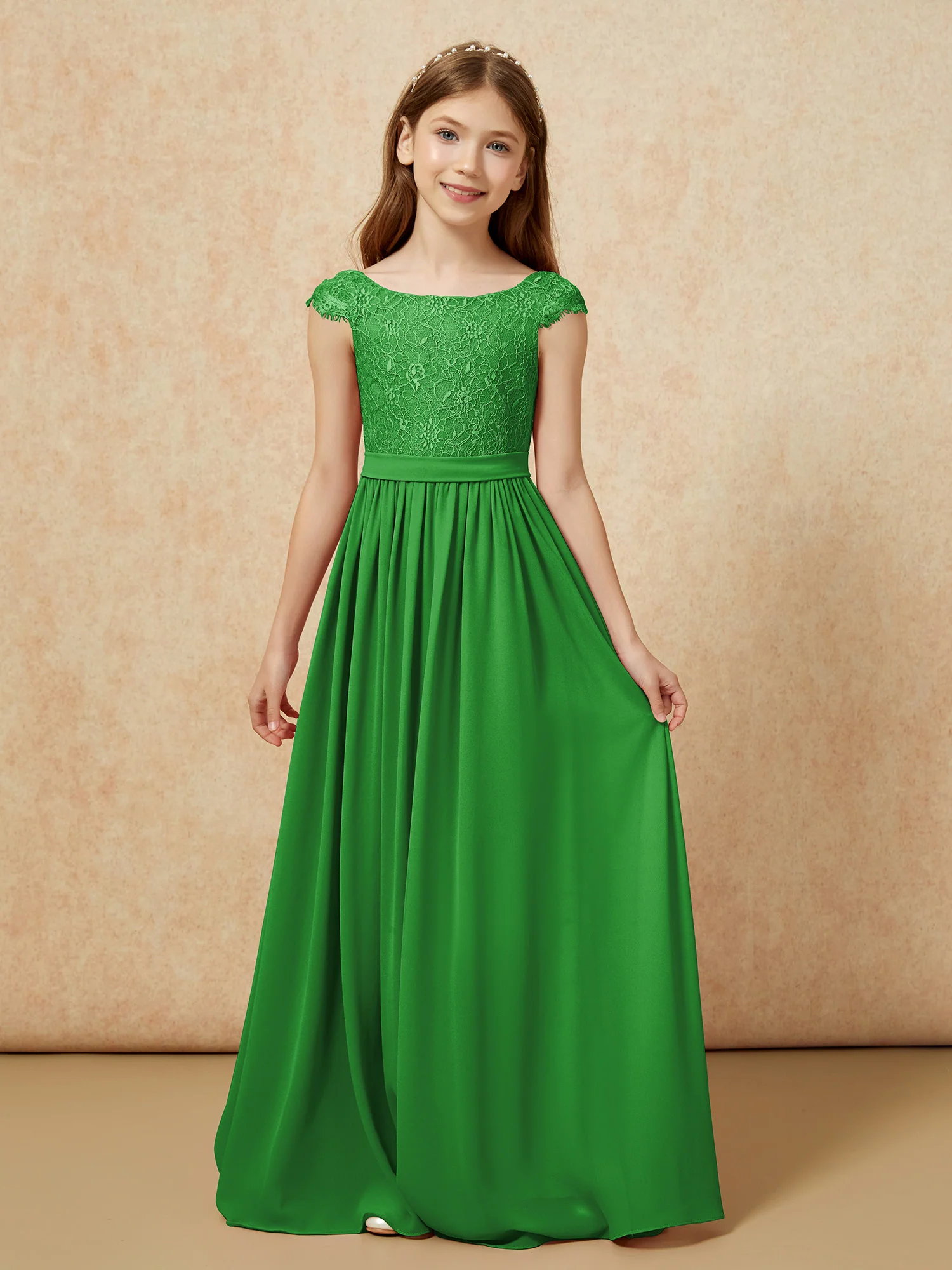 Cap Sleeve Lace Chiffon Junior Bridesmaid Dresses Green