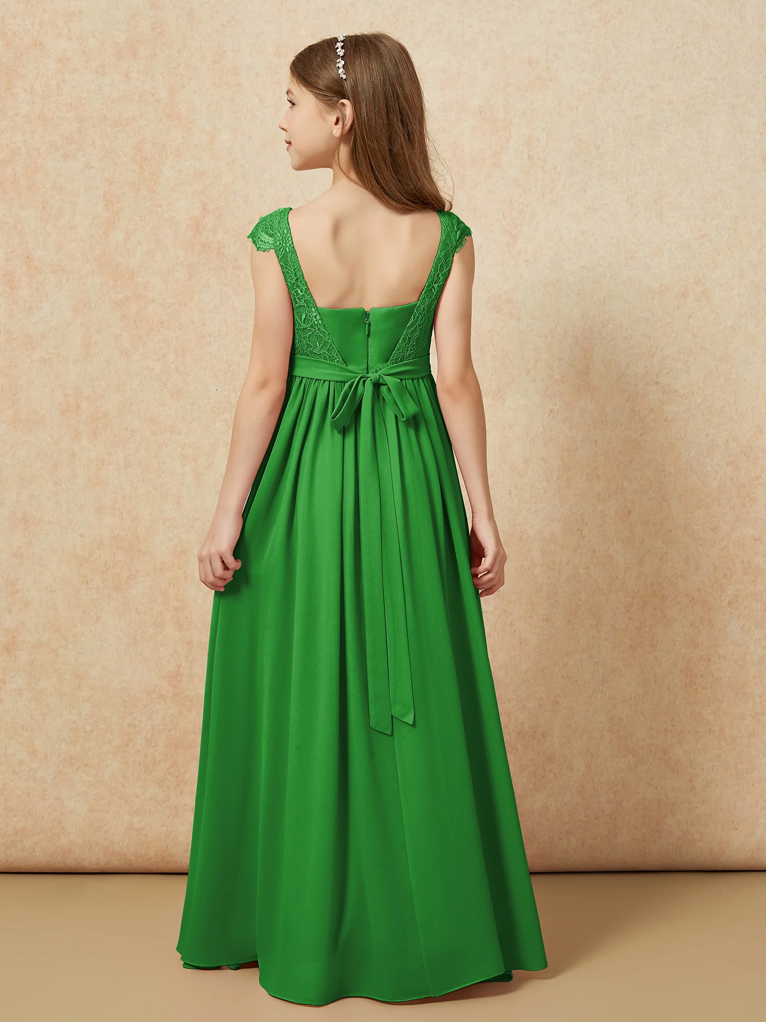 Cap Sleeve Lace Chiffon Junior Bridesmaid Dresses Green - Image 2