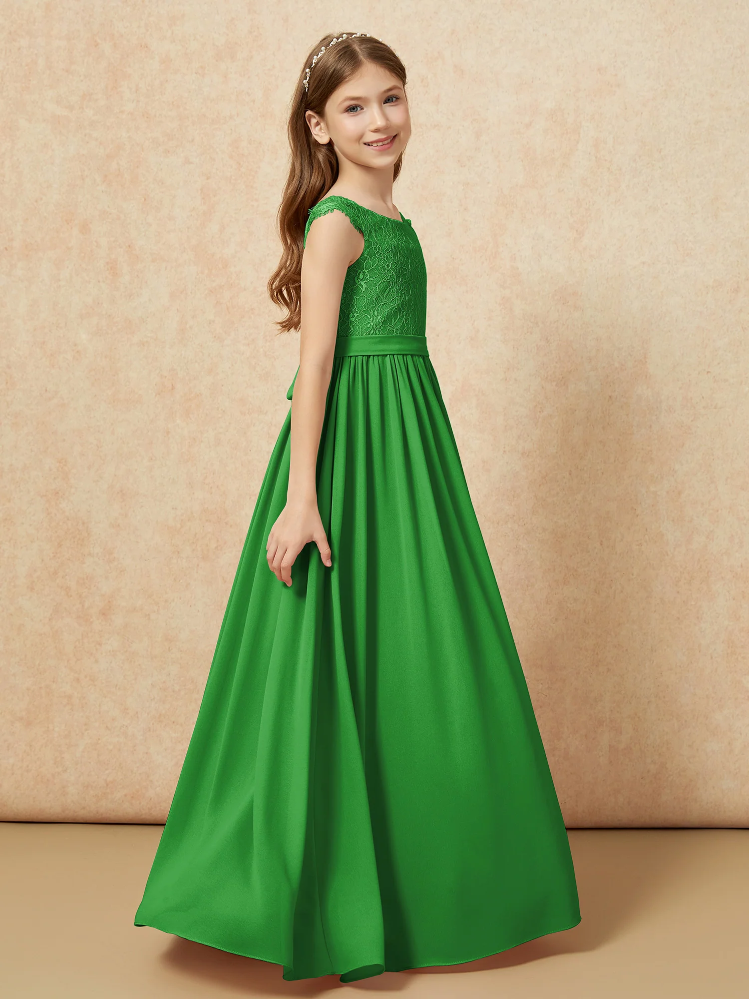 Cap Sleeve Lace Chiffon Junior Bridesmaid Dresses Green - Image 3