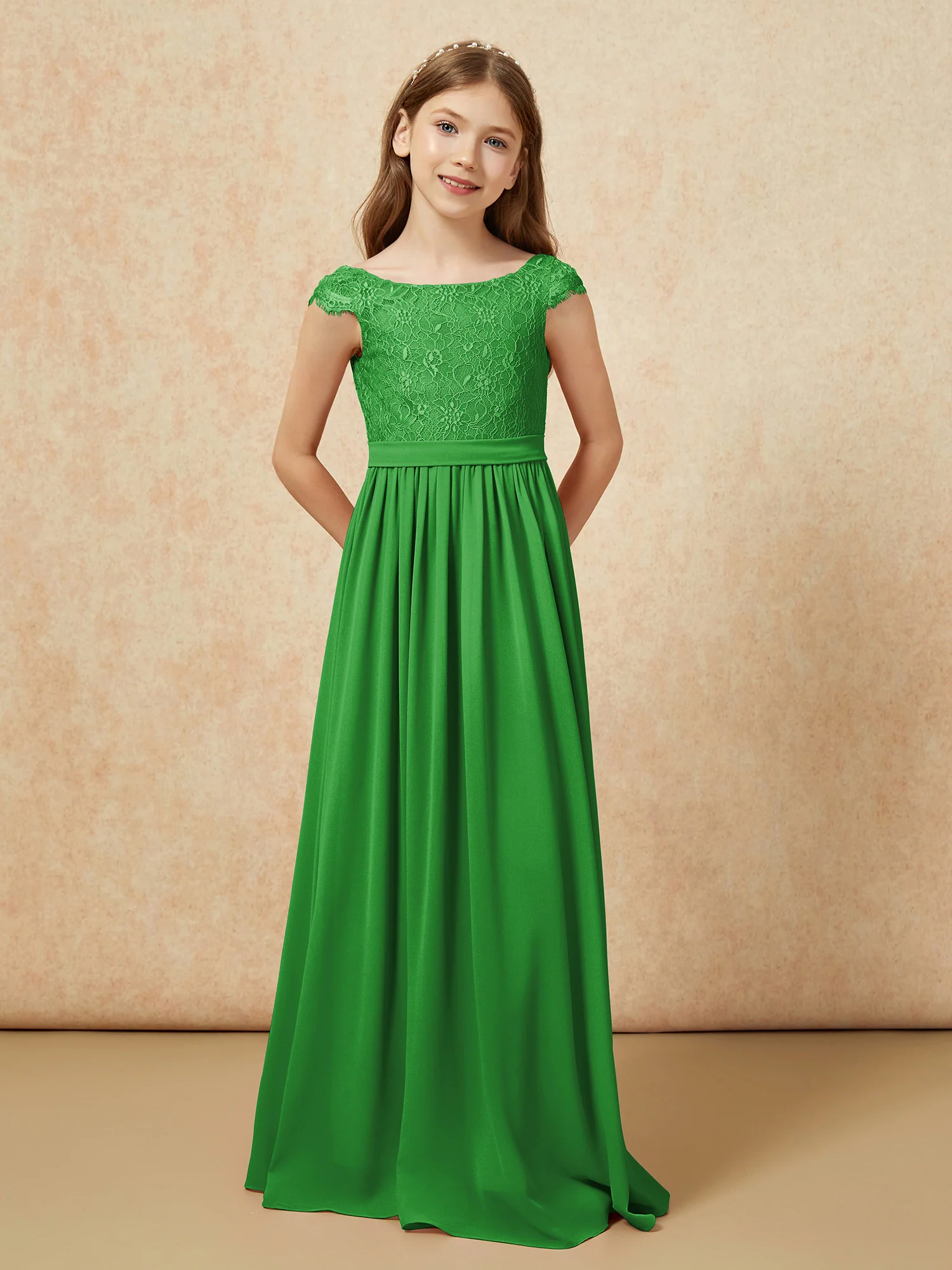 Cap Sleeve Lace Chiffon Junior Bridesmaid Dresses Green - Image 4