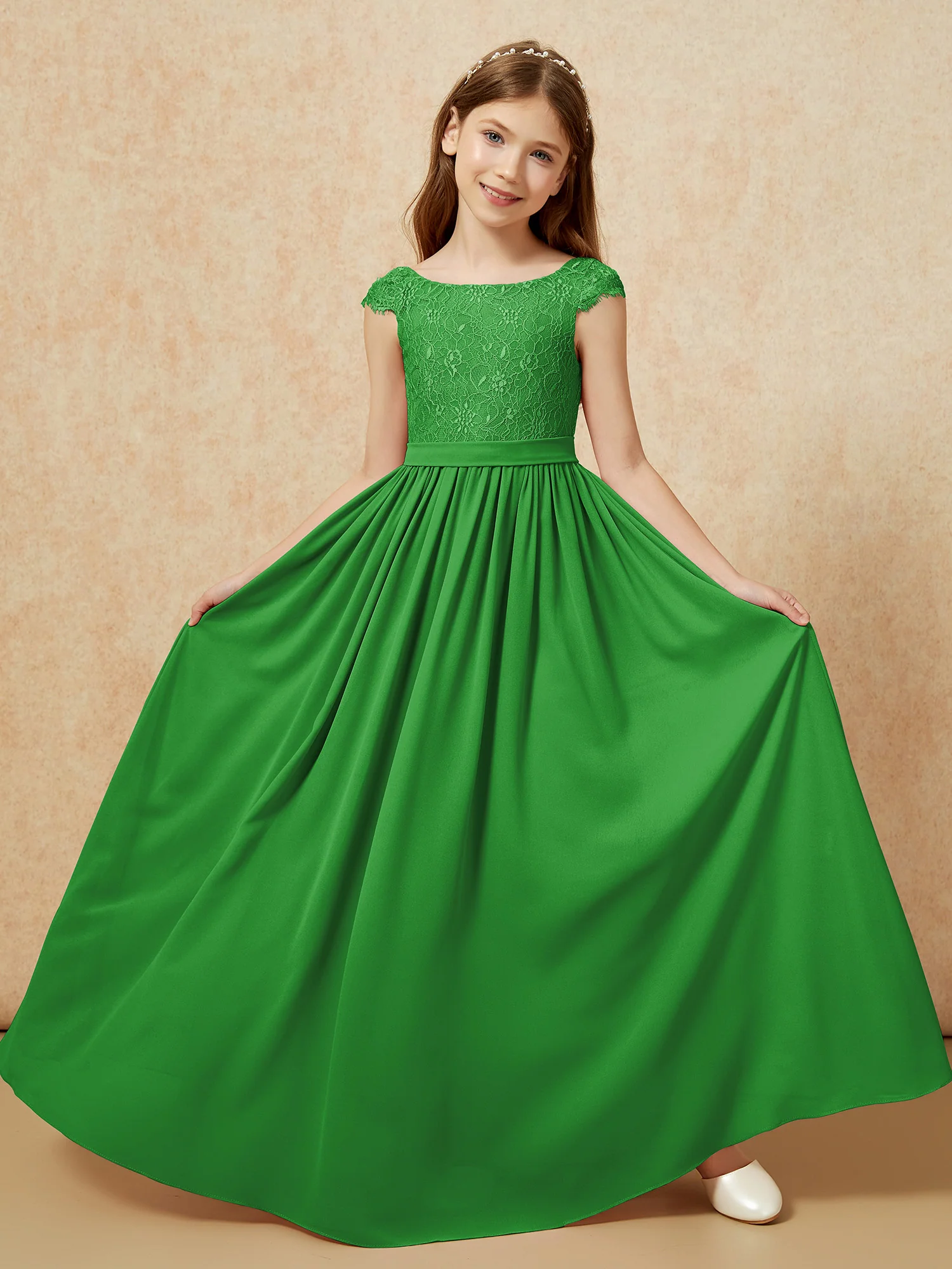 Cap Sleeve Lace Chiffon Junior Bridesmaid Dresses Green - Image 5