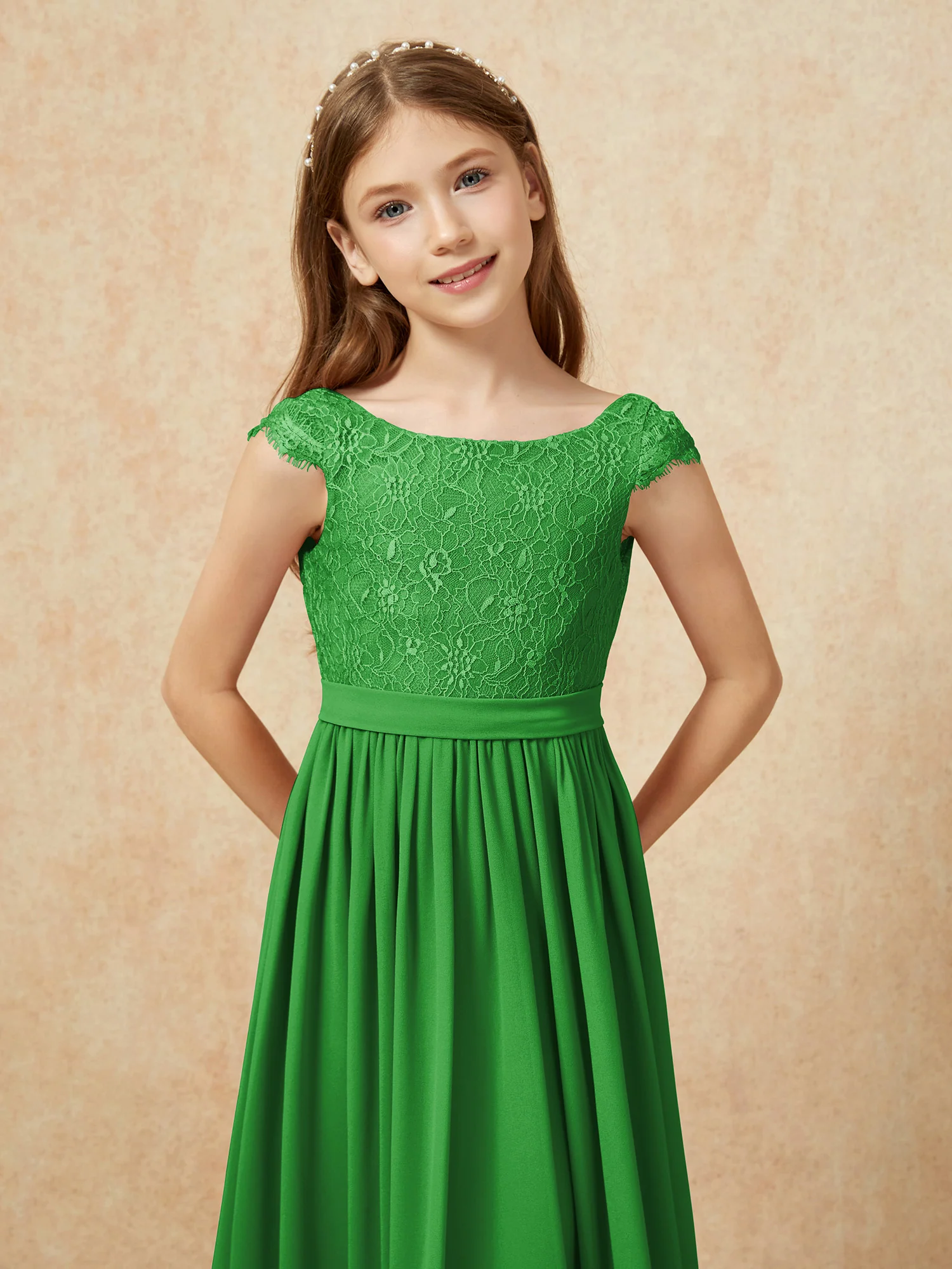 Cap Sleeve Lace Chiffon Junior Bridesmaid Dresses Green - Image 6