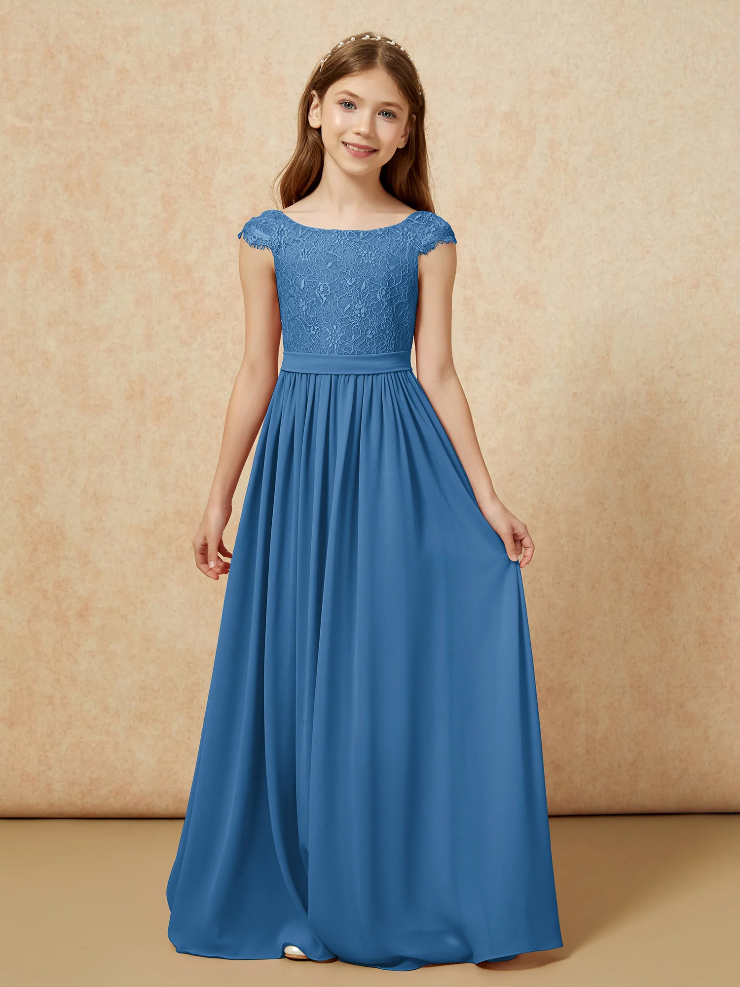 Cap Sleeve Lace Chiffon Junior Bridesmaid Dresses Ink Blue