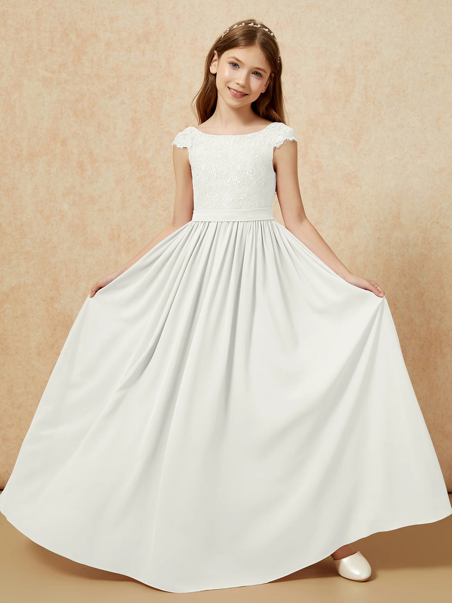 Cap Sleeve Lace Chiffon Junior Bridesmaid Dresses Ivory - Image 5