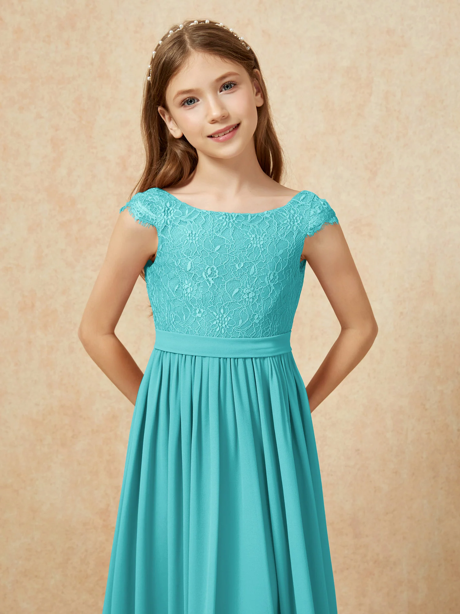 Cap Sleeve Lace Chiffon Junior Bridesmaid Dresses Jade - Image 6