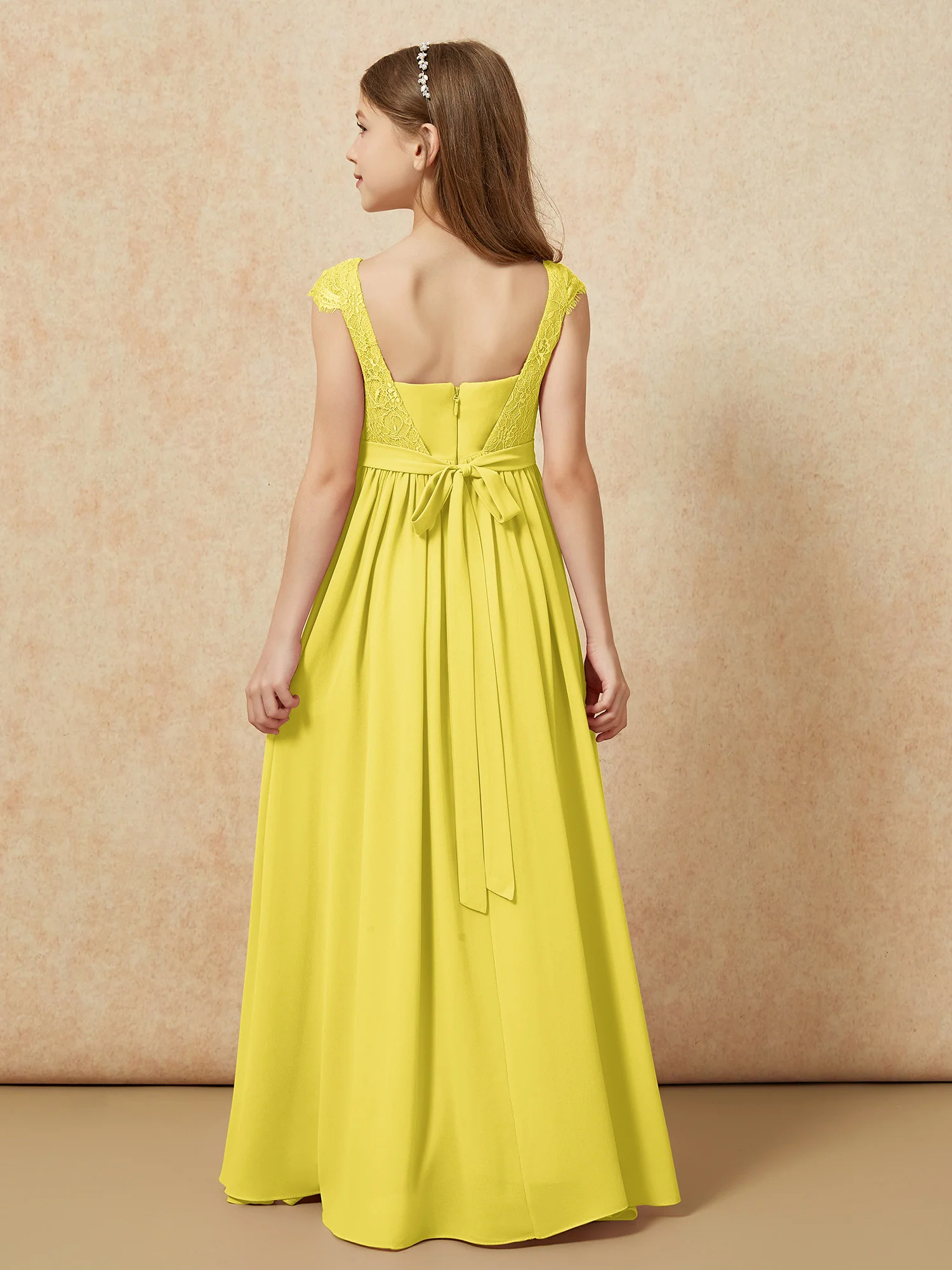 Cap Sleeve Lace Chiffon Junior Bridesmaid Dresses Lemon - Image 2