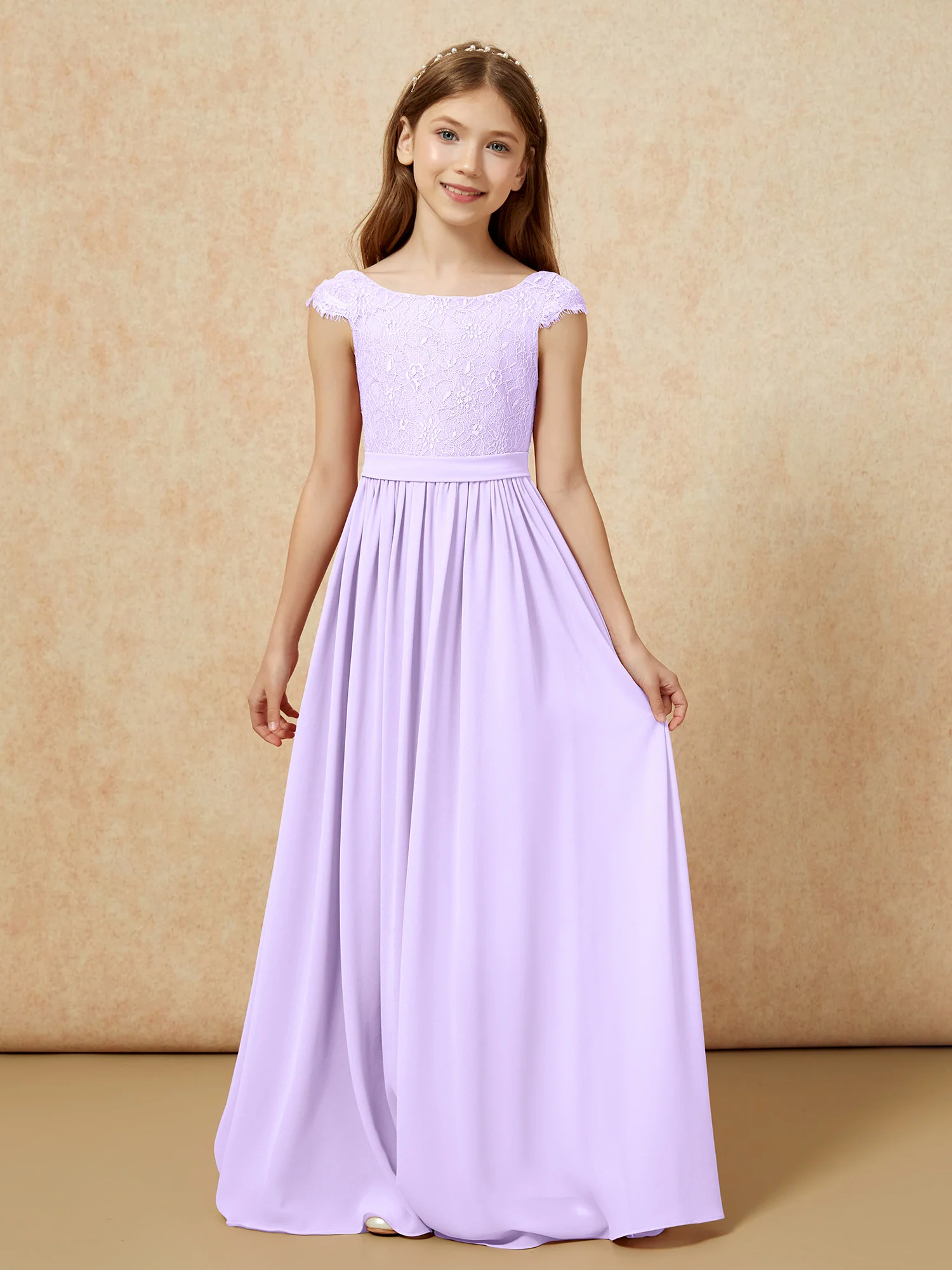 Cap Sleeve Lace Chiffon Junior Bridesmaid Dresses Lilac