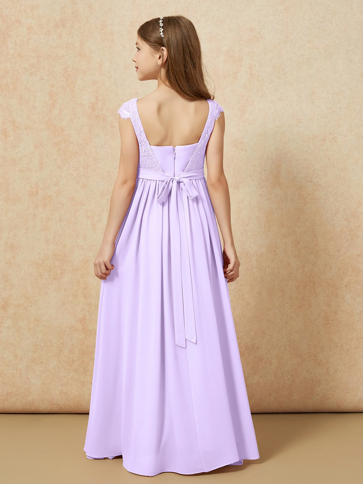 Cap Sleeve Lace Chiffon Junior Bridesmaid Dresses Lilac - Image 2