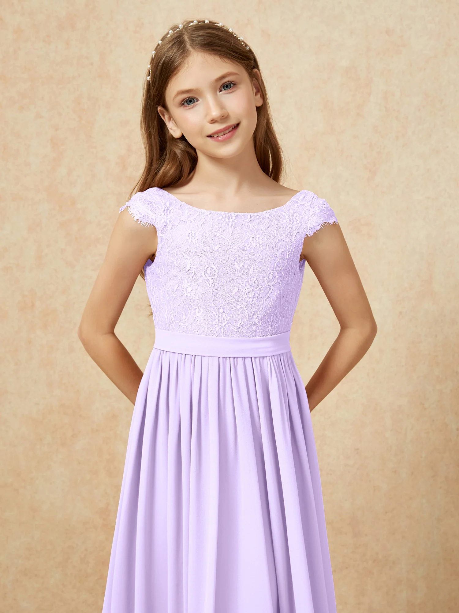 Cap Sleeve Lace Chiffon Junior Bridesmaid Dresses Lilac - Image 6