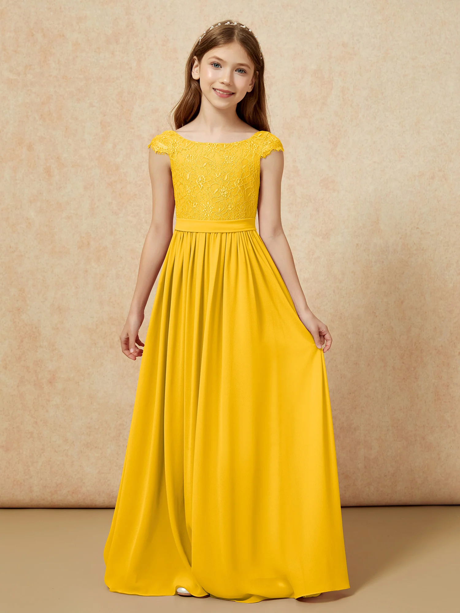 Cap Sleeve Lace Chiffon Junior Bridesmaid Dresses Marigold