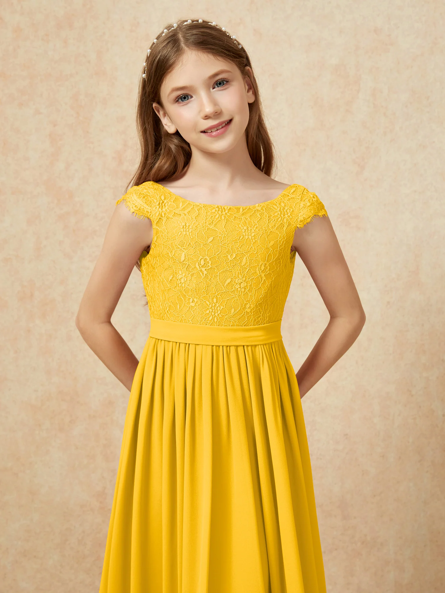 Cap Sleeve Lace Chiffon Junior Bridesmaid Dresses Marigold - Image 6