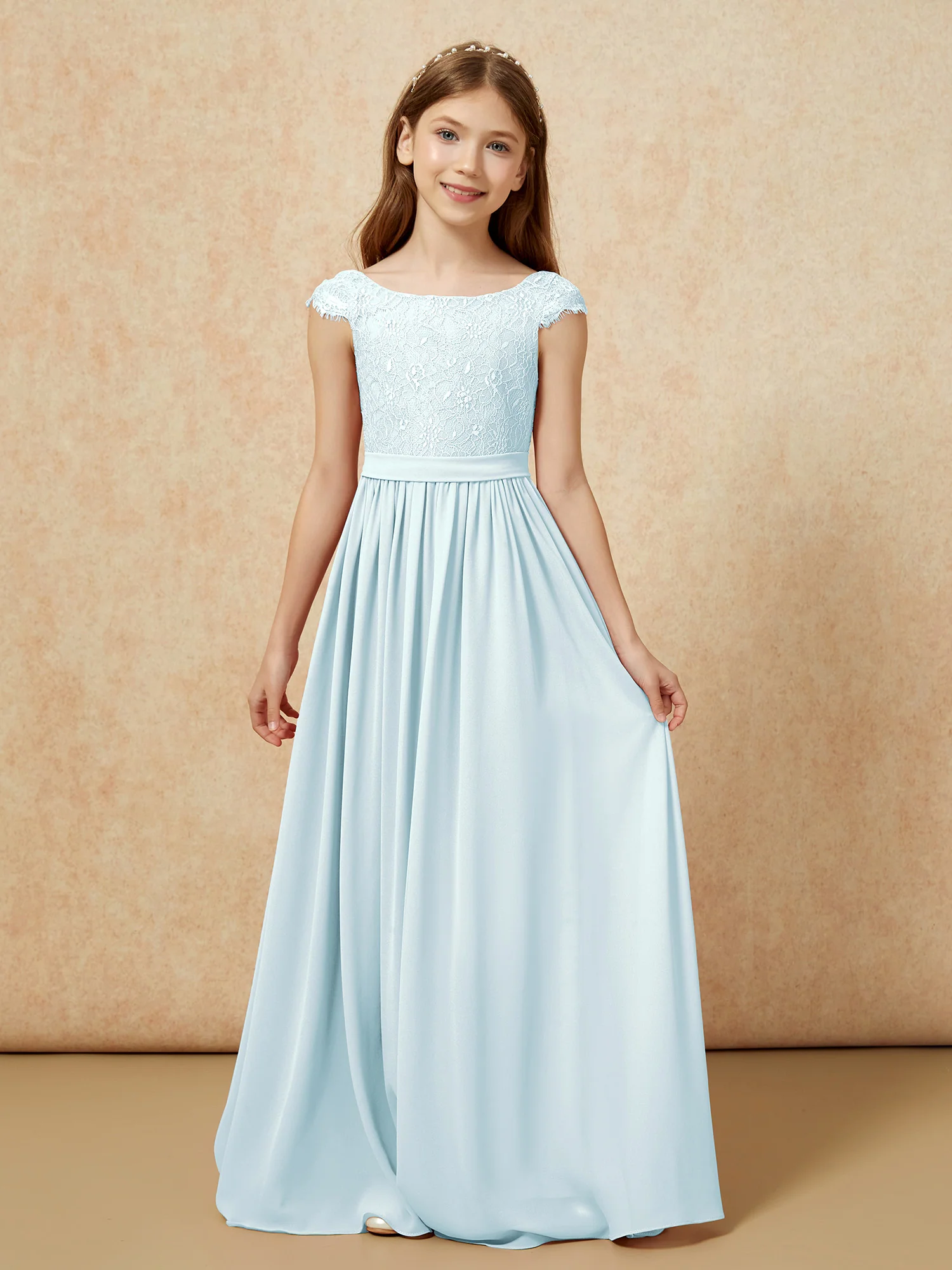 Cap Sleeve Lace Chiffon Junior Bridesmaid Dresses Mist