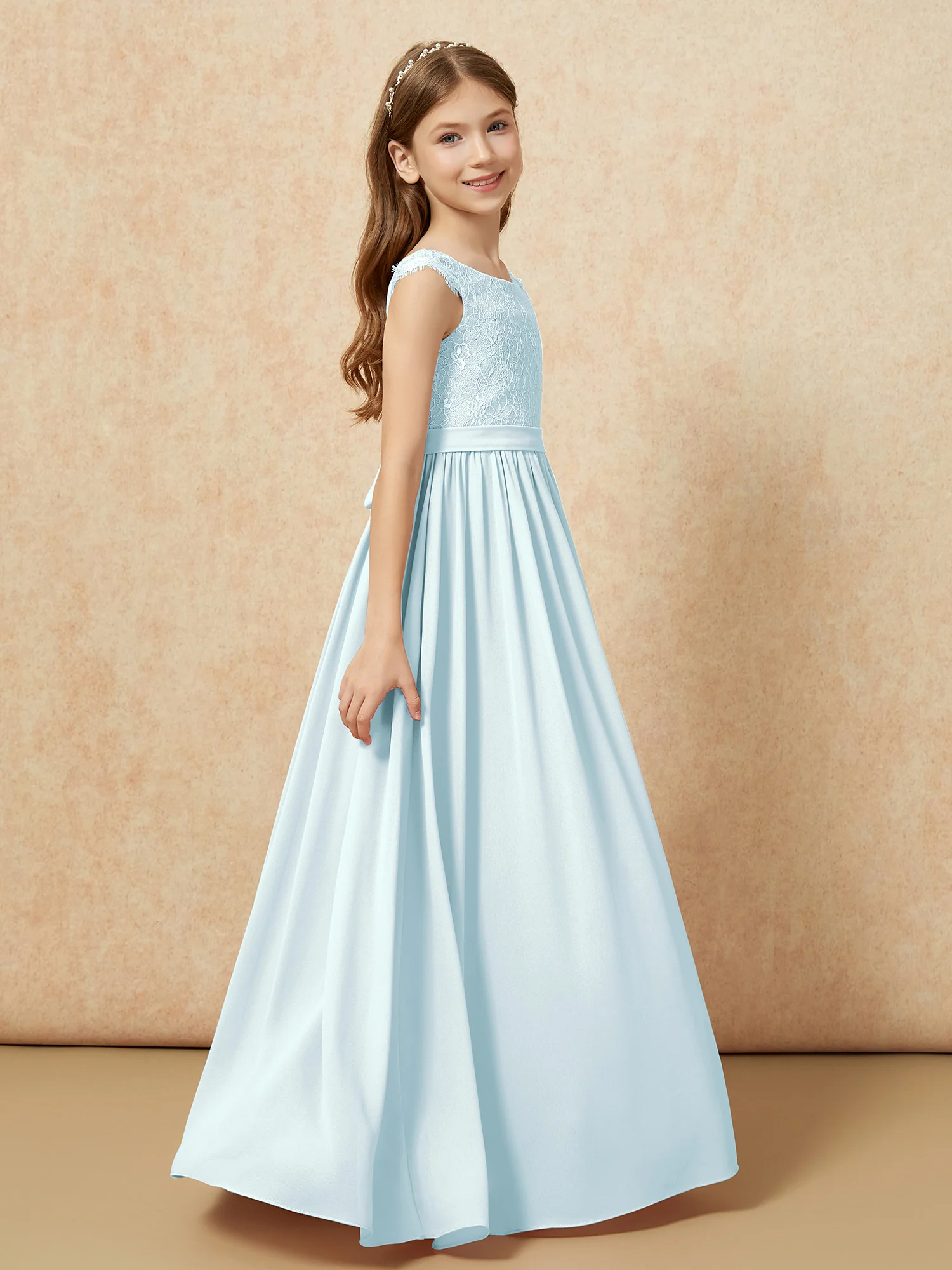 Cap Sleeve Lace Chiffon Junior Bridesmaid Dresses Mist - Image 3