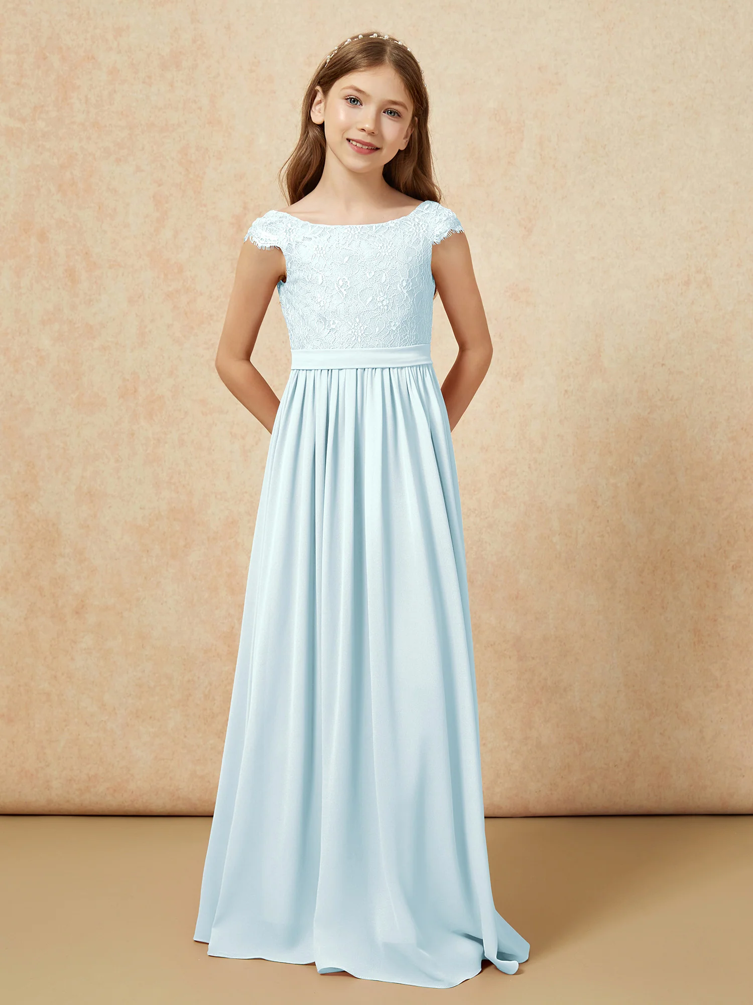 Cap Sleeve Lace Chiffon Junior Bridesmaid Dresses Mist - Image 4