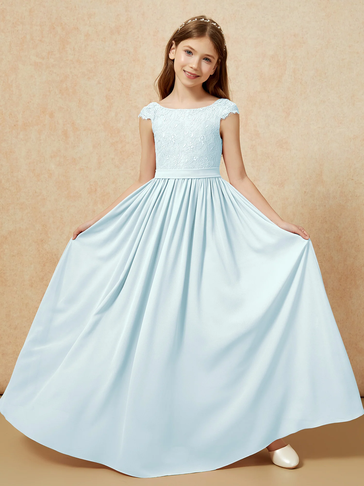 Cap Sleeve Lace Chiffon Junior Bridesmaid Dresses Mist - Image 5