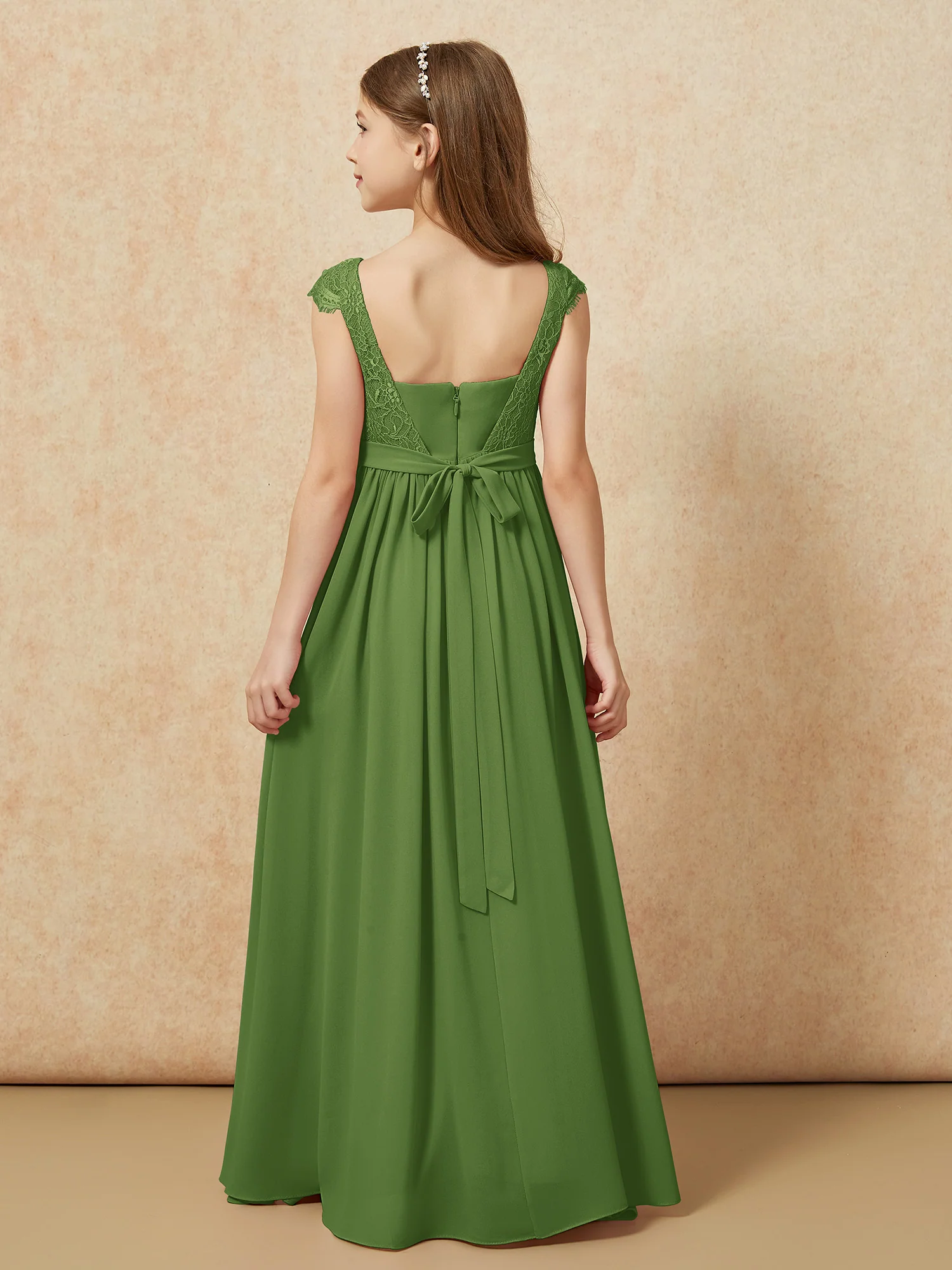 Cap Sleeve Lace Chiffon Junior Bridesmaid Dresses Moss - Image 2