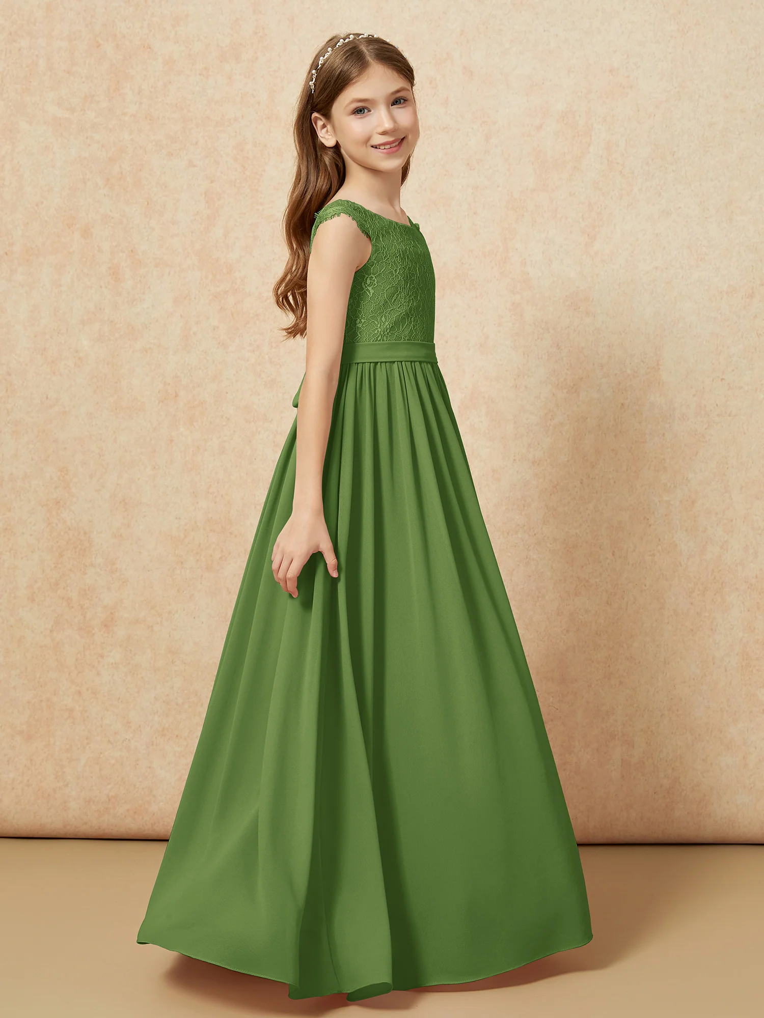 Cap Sleeve Lace Chiffon Junior Bridesmaid Dresses Moss - Image 3