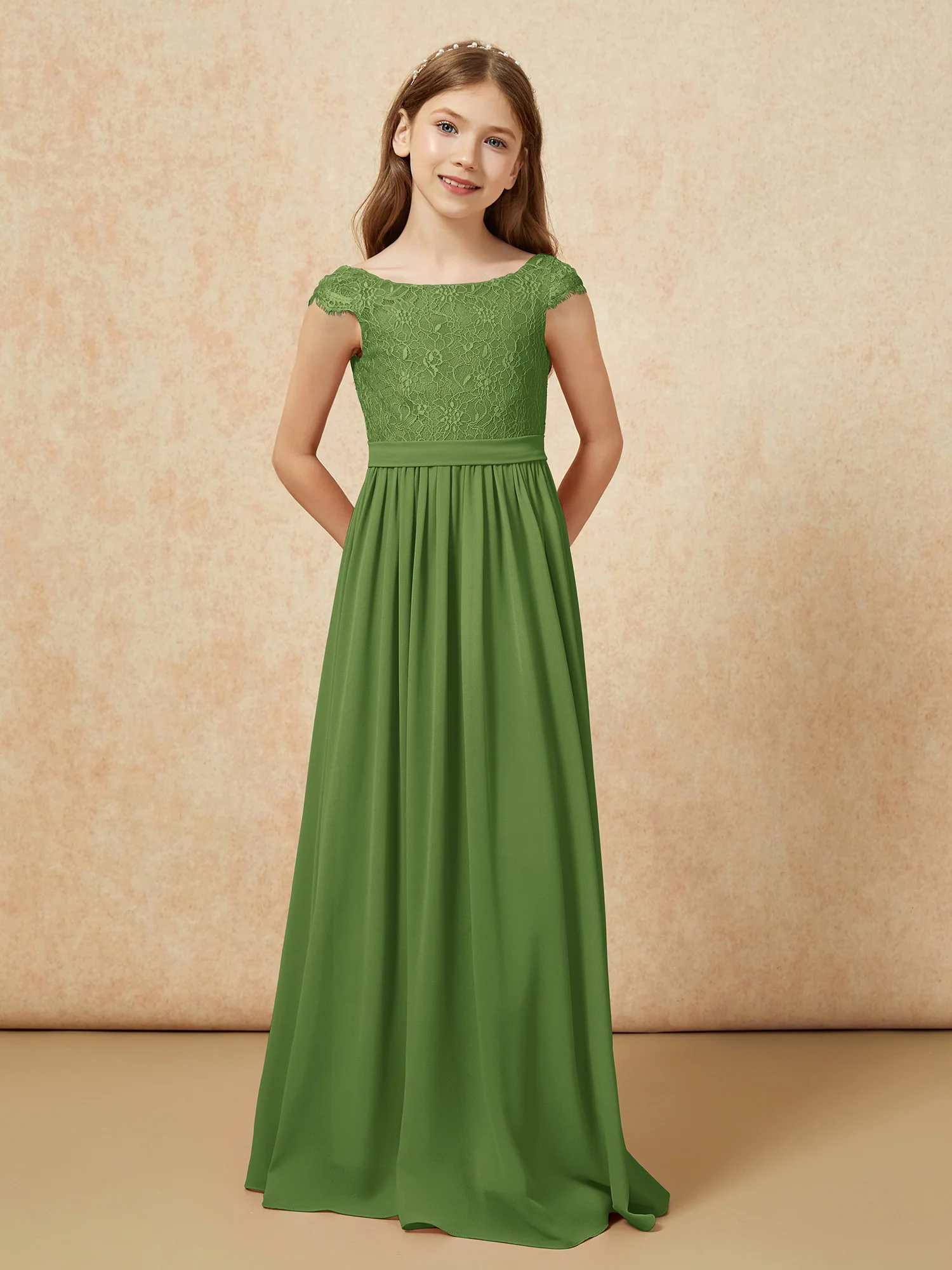Cap Sleeve Lace Chiffon Junior Bridesmaid Dresses Moss - Image 4
