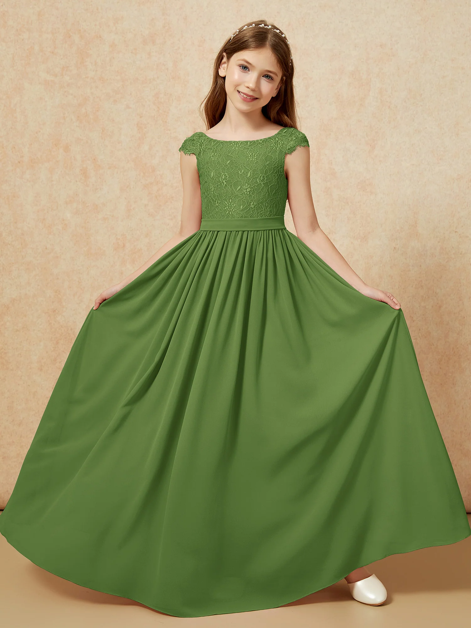 Cap Sleeve Lace Chiffon Junior Bridesmaid Dresses Moss - Image 5