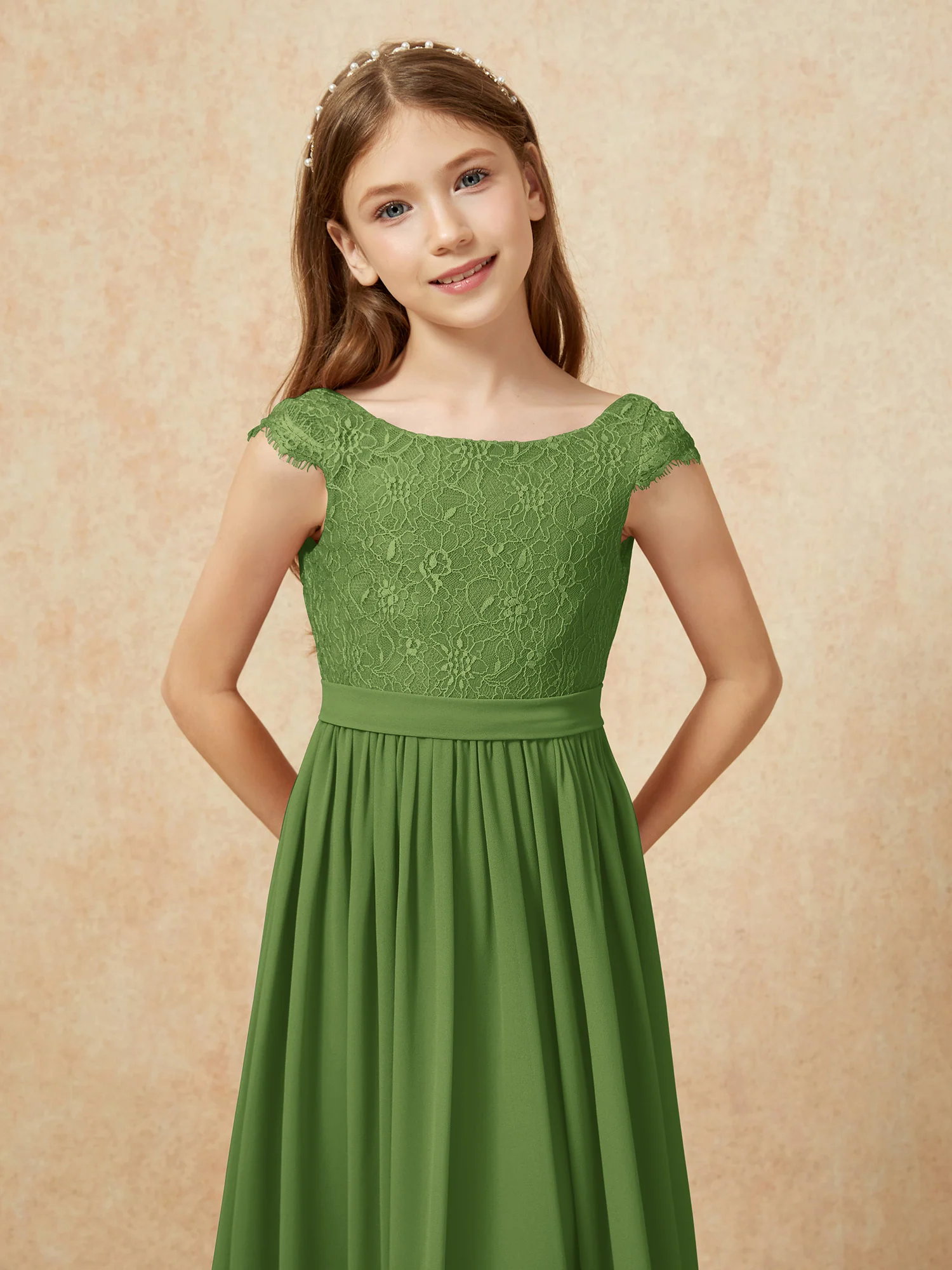 Cap Sleeve Lace Chiffon Junior Bridesmaid Dresses Moss - Image 6