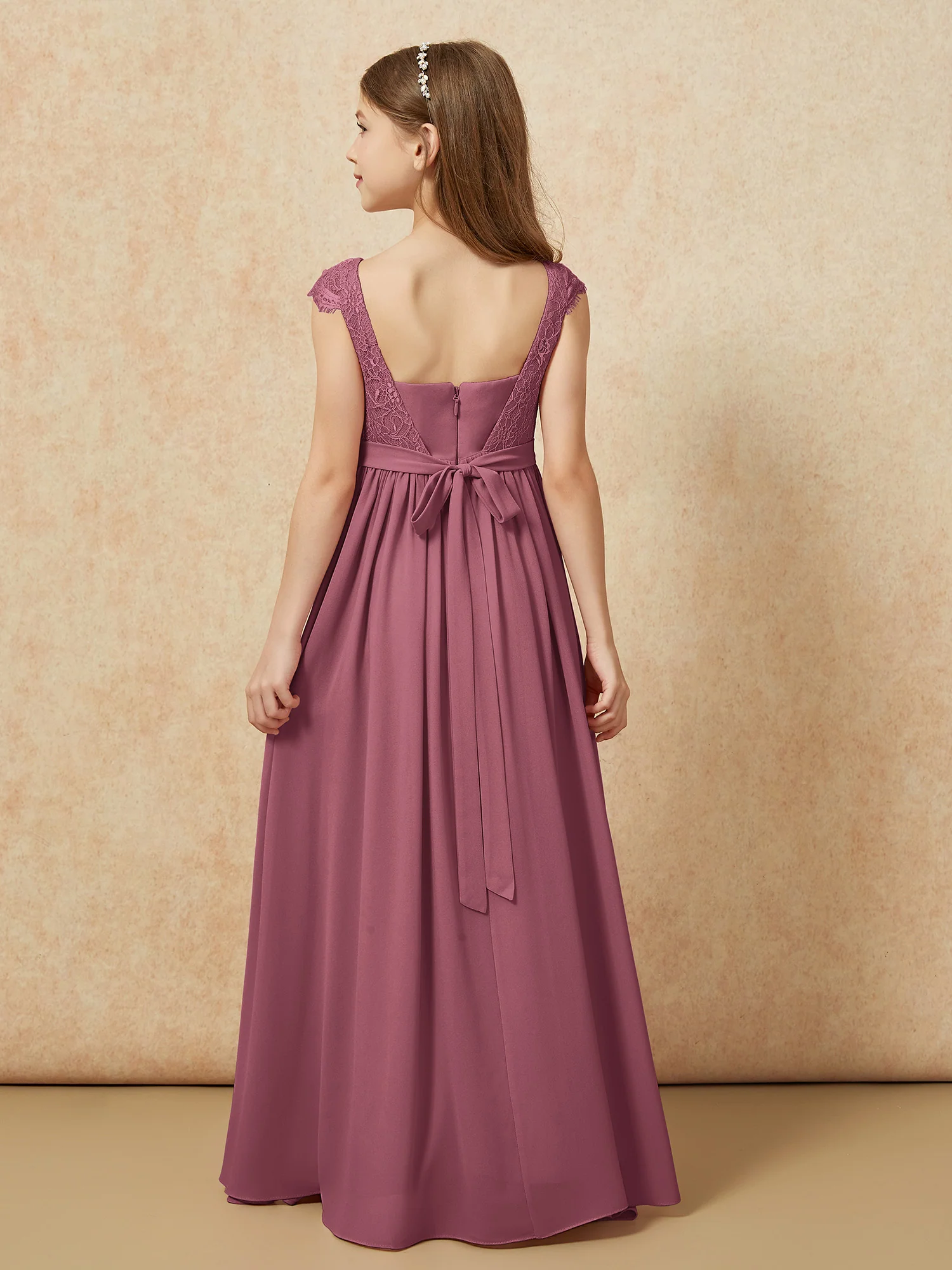 Cap Sleeve Lace Chiffon Junior Bridesmaid Dresses Mulberry - Image 2