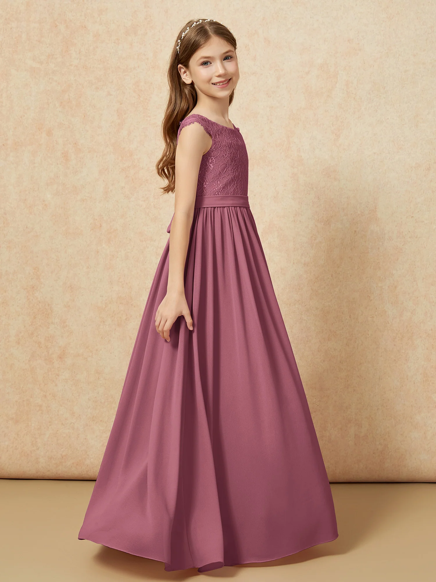 Cap Sleeve Lace Chiffon Junior Bridesmaid Dresses Mulberry - Image 3