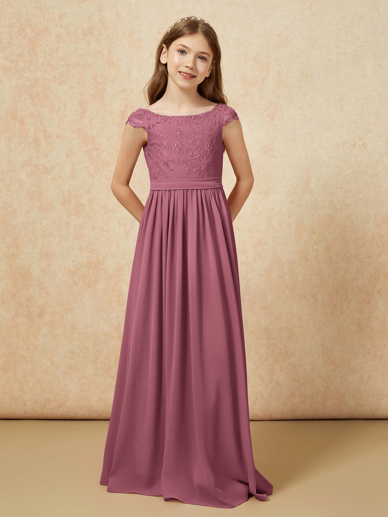 Cap Sleeve Lace Chiffon Junior Bridesmaid Dresses Mulberry - Image 4