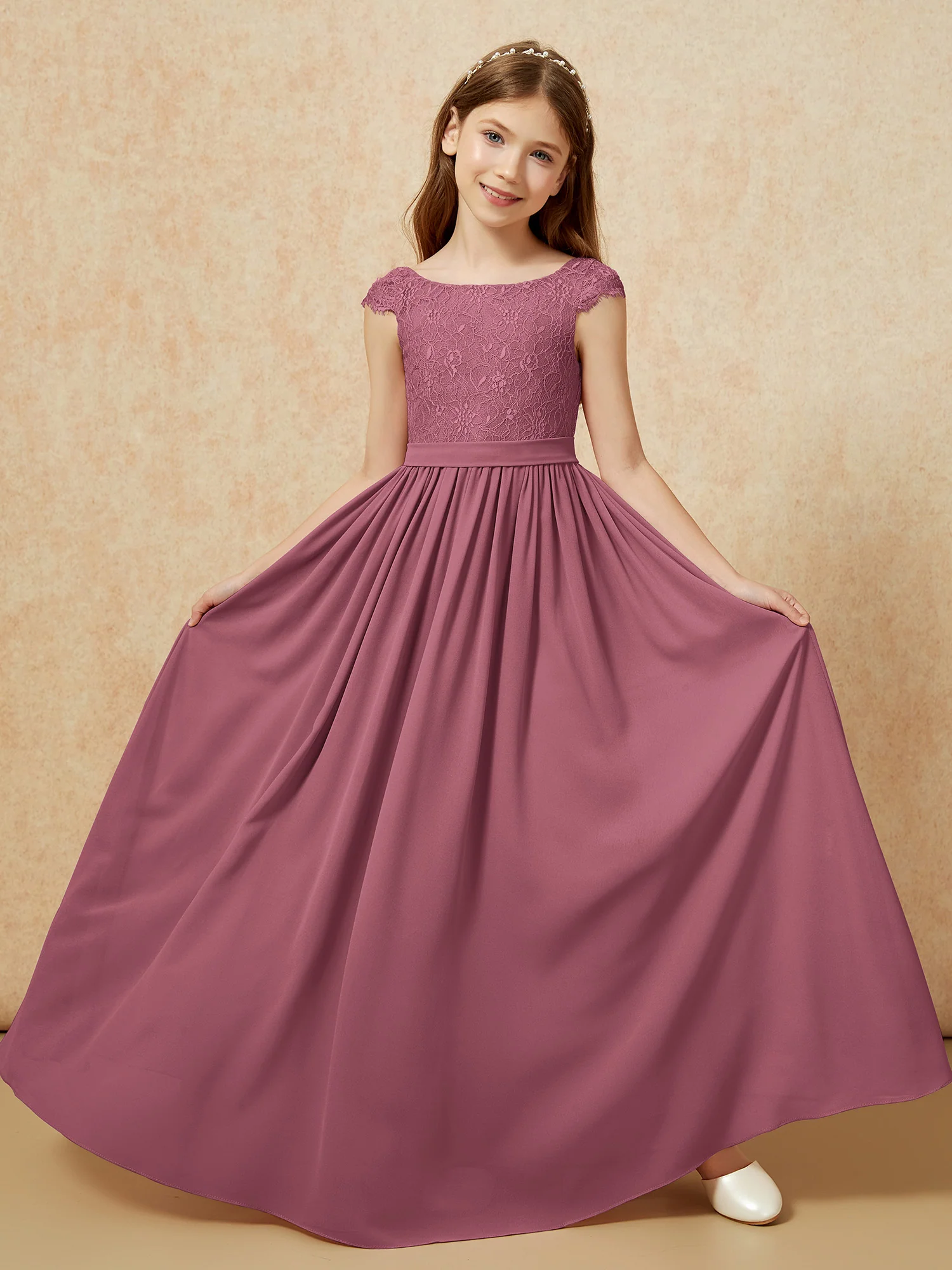 Cap Sleeve Lace Chiffon Junior Bridesmaid Dresses Mulberry - Image 5
