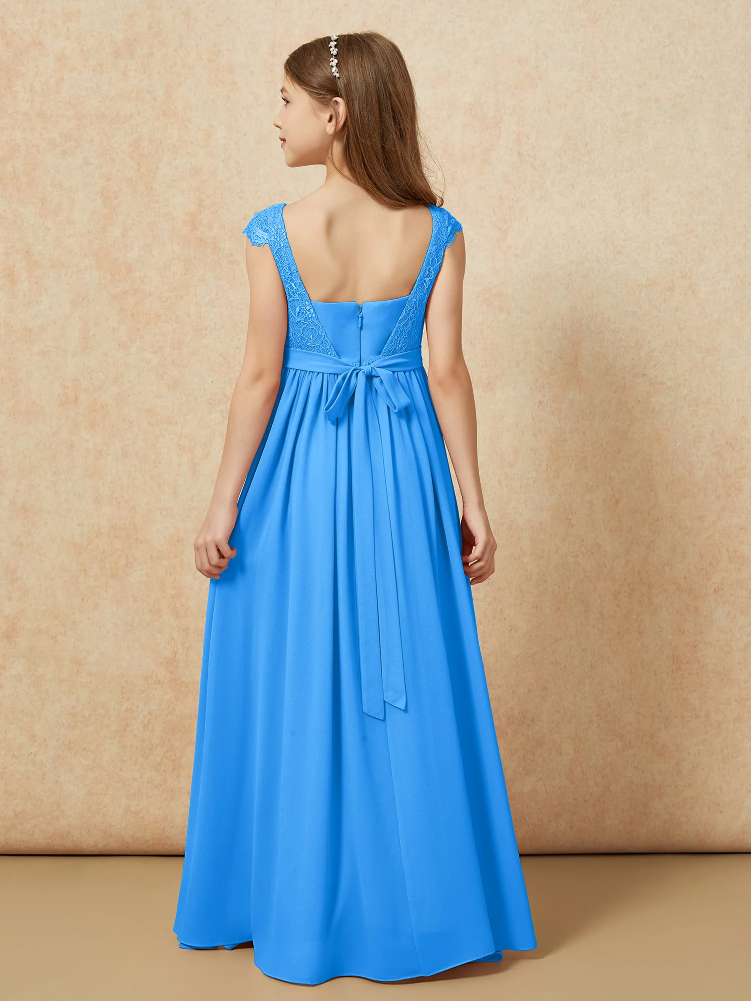 Cap Sleeve Lace Chiffon Junior Bridesmaid Dresses Ocean Blue - Image 2