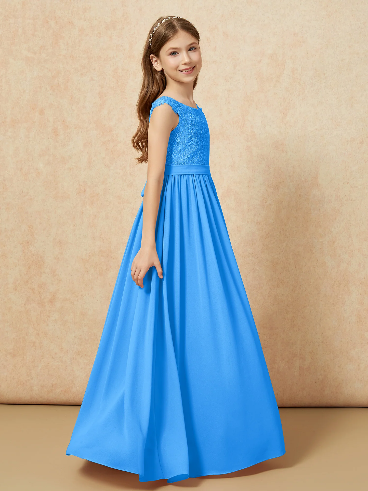 Cap Sleeve Lace Chiffon Junior Bridesmaid Dresses Ocean Blue - Image 3