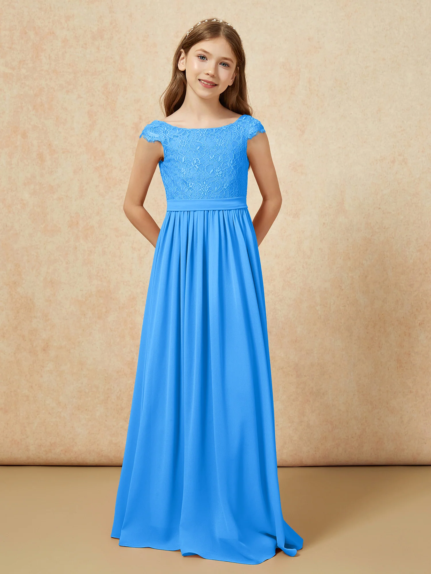 Cap Sleeve Lace Chiffon Junior Bridesmaid Dresses Ocean Blue - Image 4
