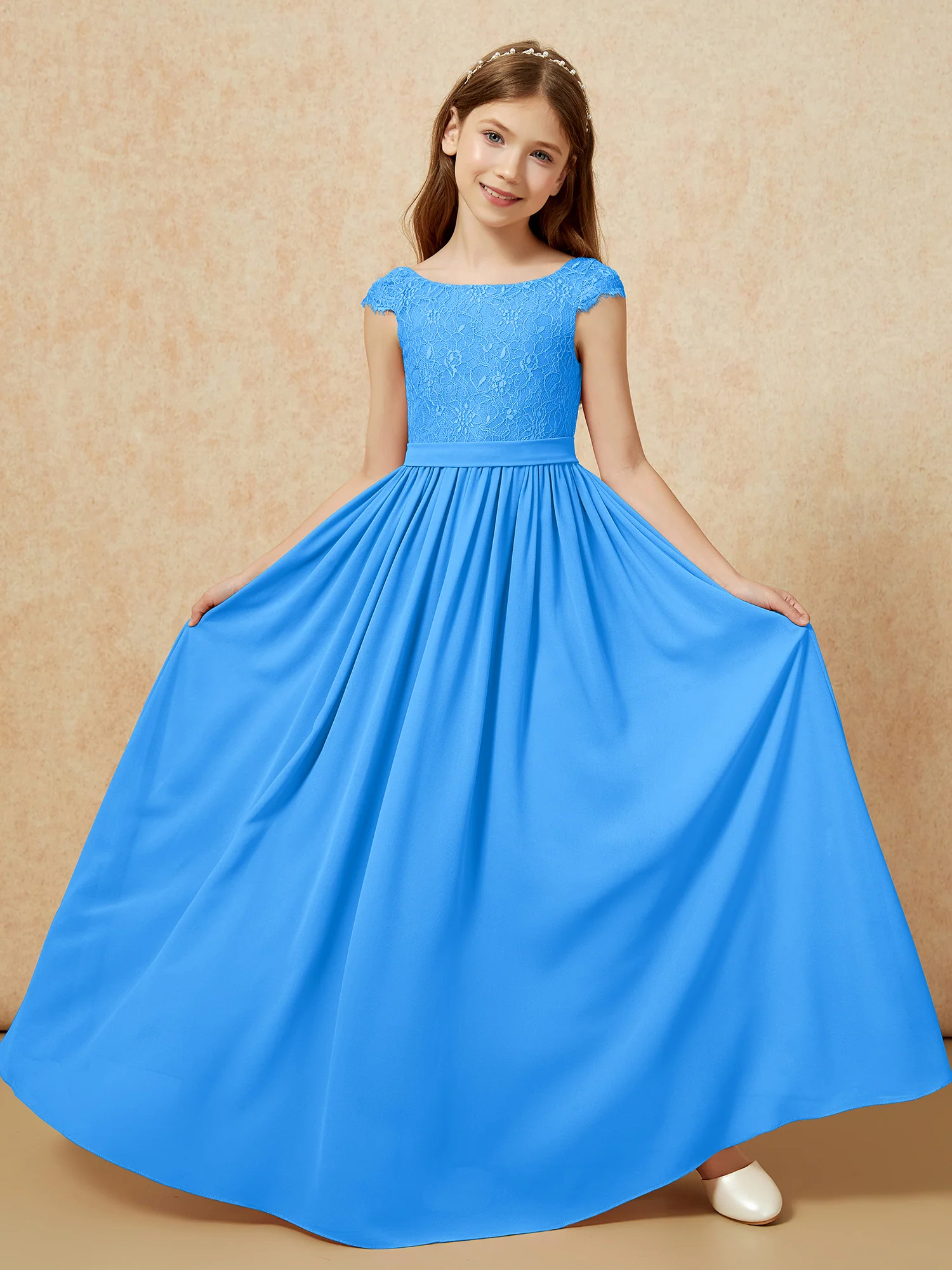 Cap Sleeve Lace Chiffon Junior Bridesmaid Dresses Ocean Blue - Image 5