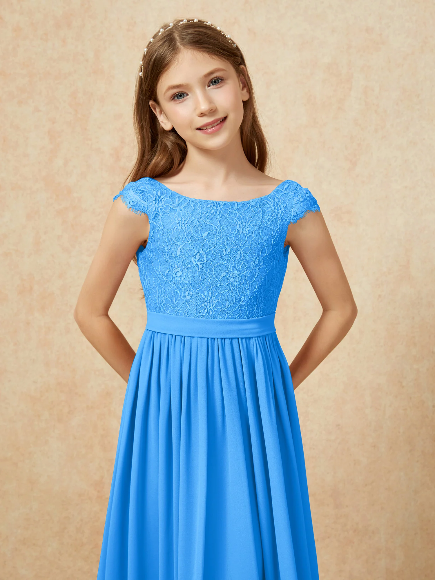 Cap Sleeve Lace Chiffon Junior Bridesmaid Dresses Ocean Blue - Image 6