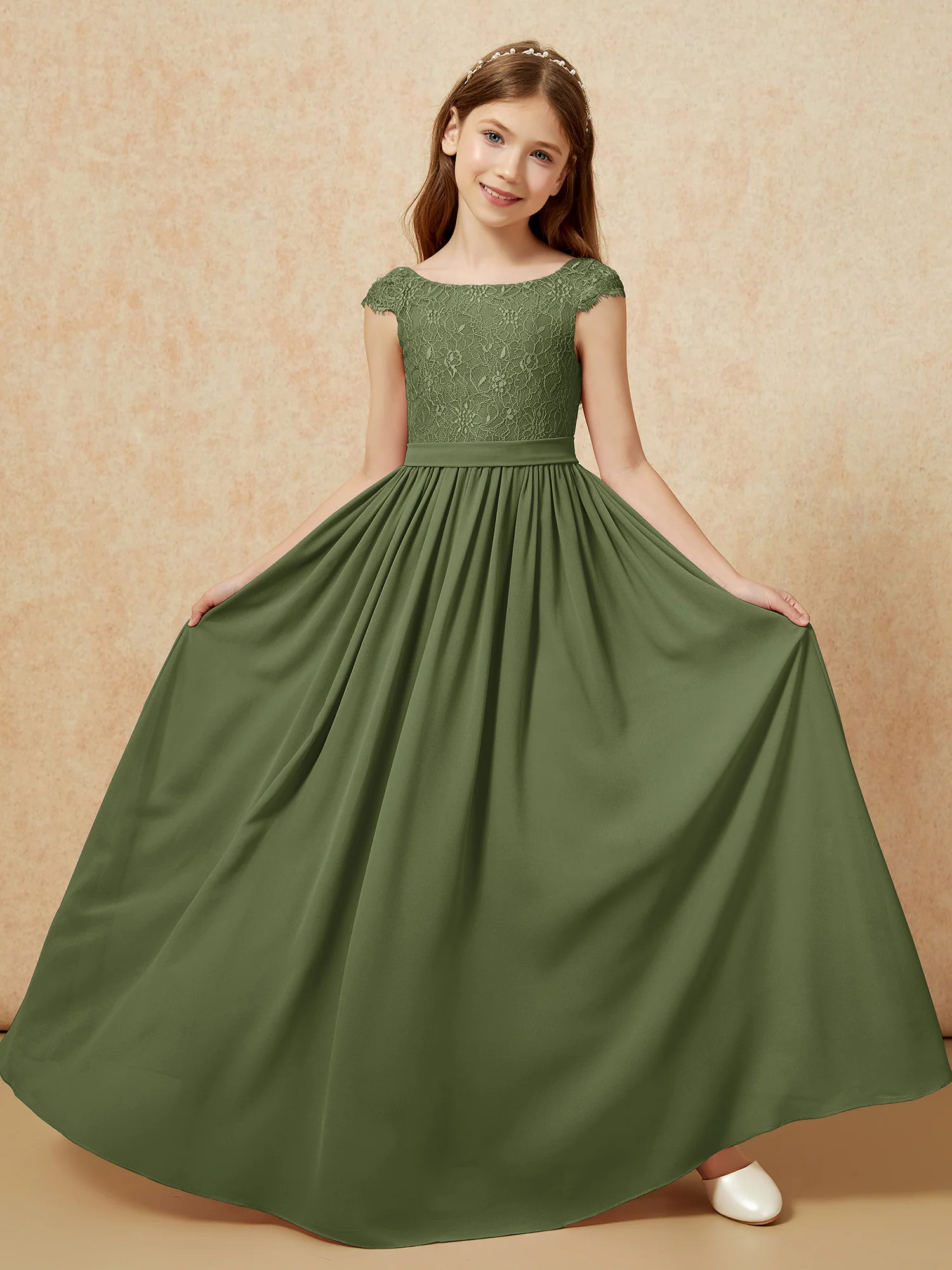 Cap Sleeve Lace Chiffon Junior Bridesmaid Dresses Olive Green - Image 5