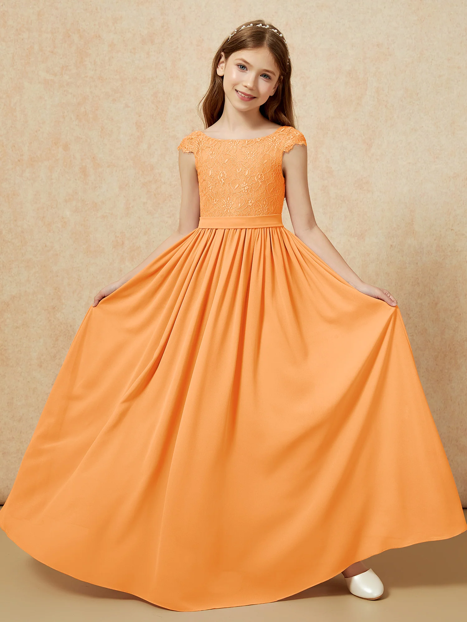 Cap Sleeve Lace Chiffon Junior Bridesmaid Dresses Orange - Image 5