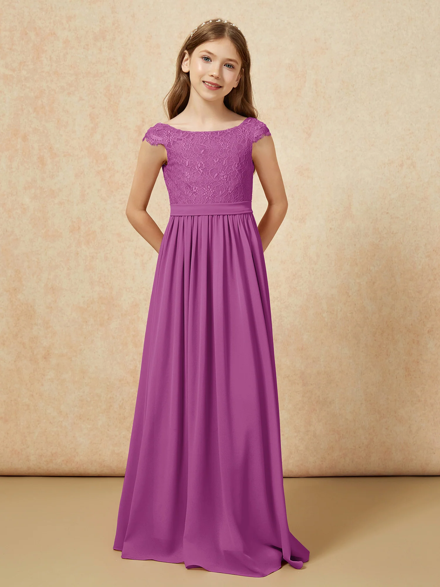 Cap Sleeve Lace Chiffon Junior Bridesmaid Dresses Orchid - Image 4