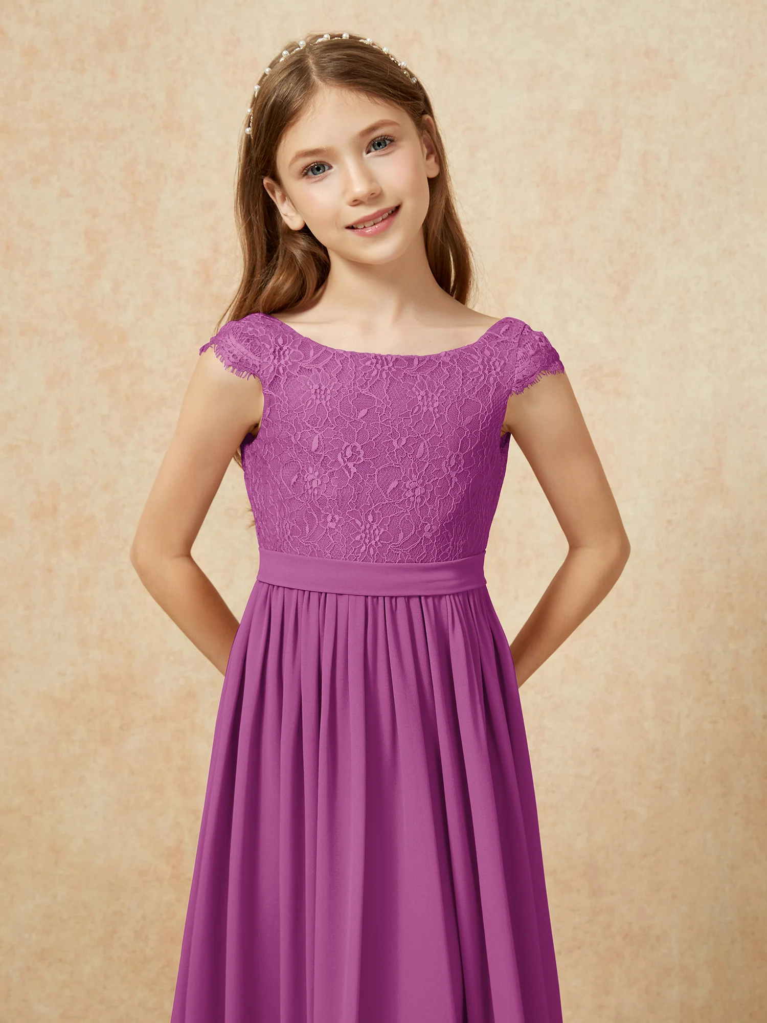 Cap Sleeve Lace Chiffon Junior Bridesmaid Dresses Orchid - Image 6