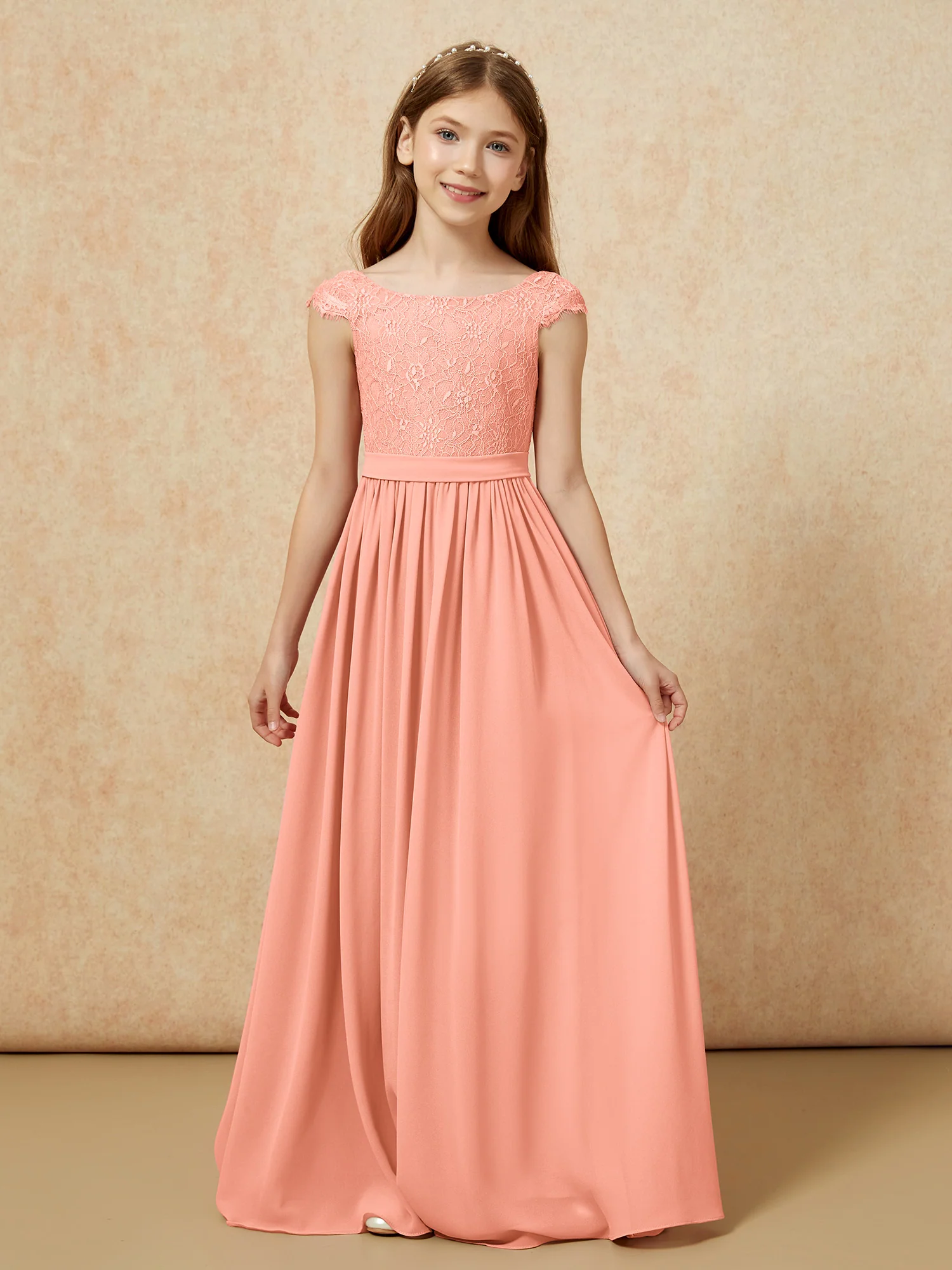 Cap Sleeve Lace Chiffon Junior Bridesmaid Dresses Papaya